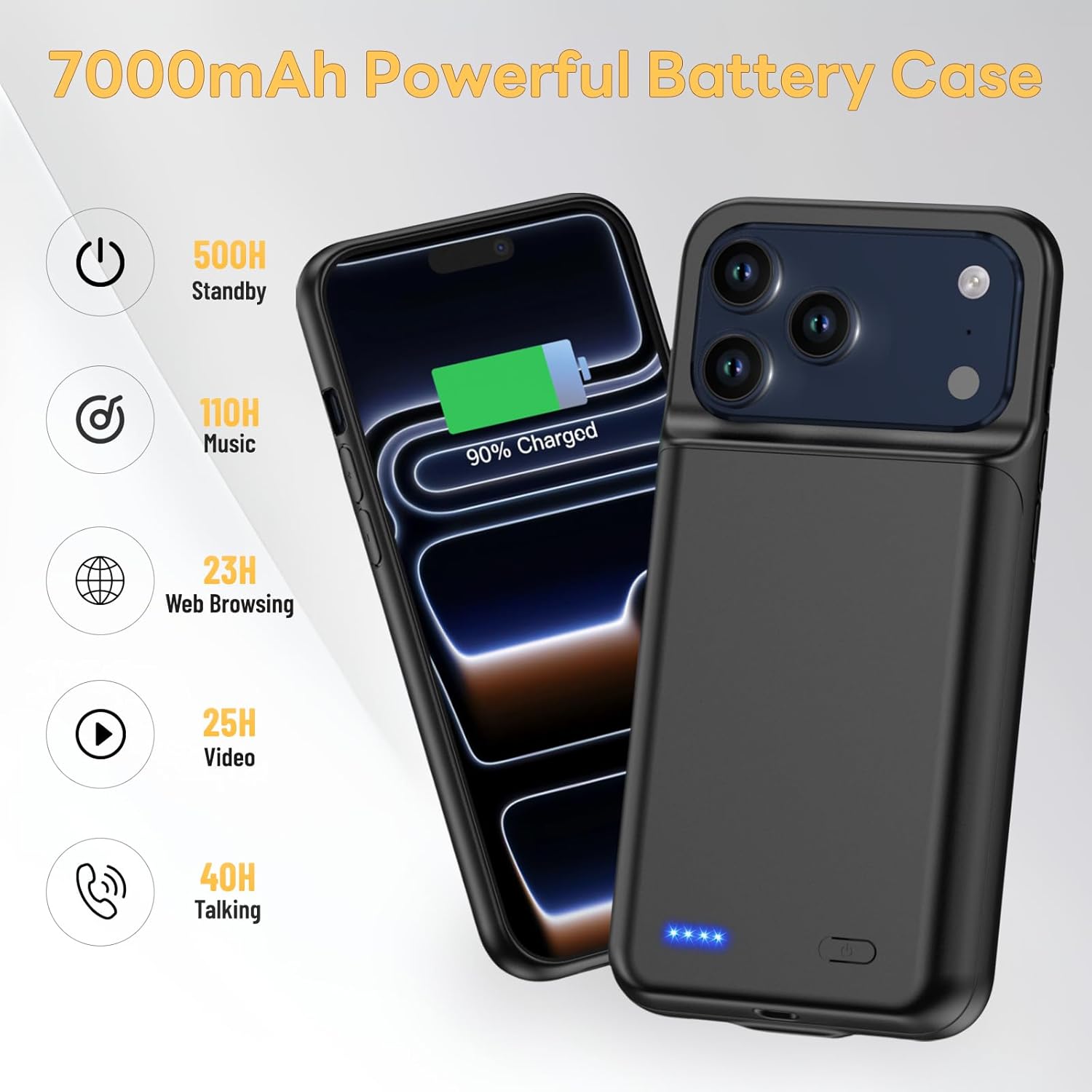 Battery Case for iPhone 17 Pro, Ultra-Slim 7000mAh Portable Extended Charging Charger Case, Rechargeable Battery Pack with Tempered Glass Screen Protector Glass Film for iPhone 17 Pro (6.3 inch)-Black