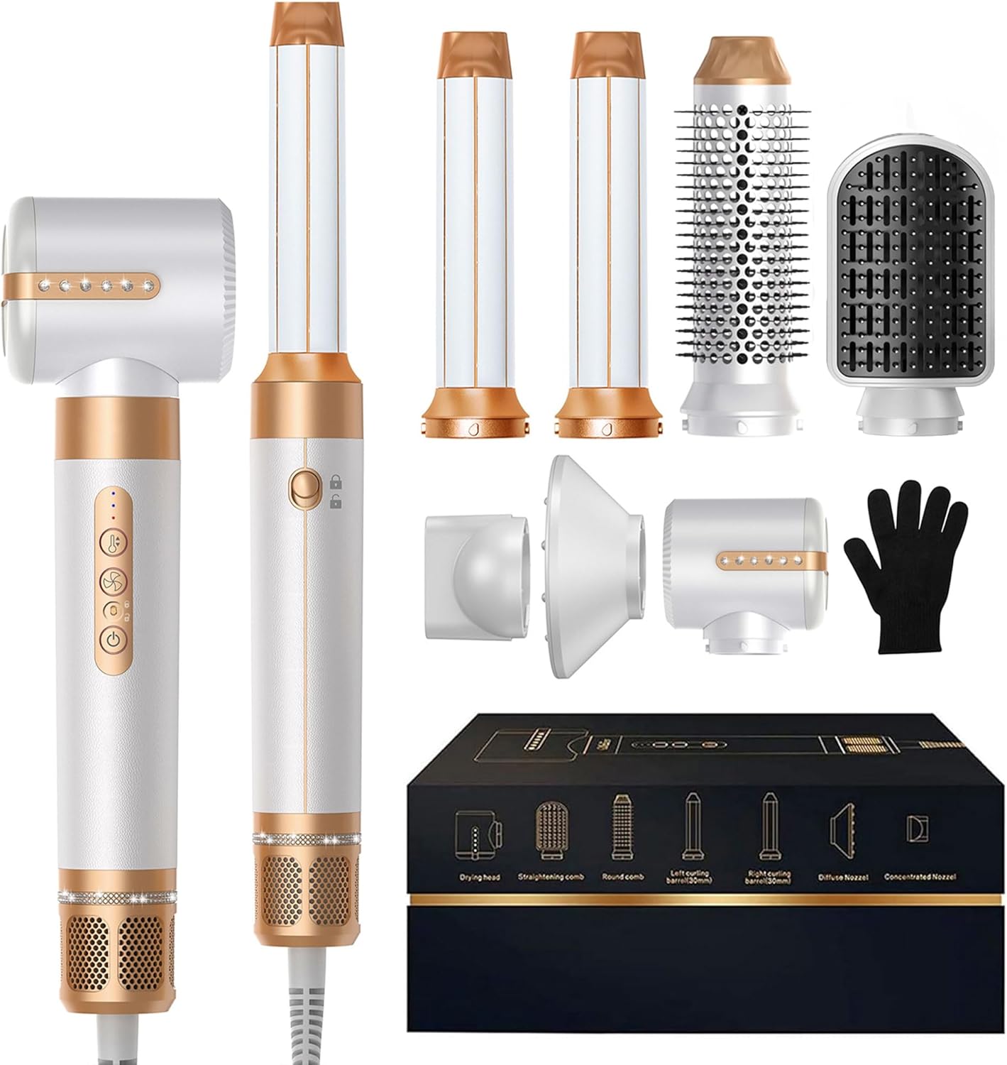 7 in ONE Hair Dryer Brush, Powerful Blow Dryer Brush with Air Curler for Hair, Brush Blow Dryer with Diffuser, Ionic Hot Air Brush Fast Dry, Volumize, Curls, Straight, Hair Styling Tools 100-120V