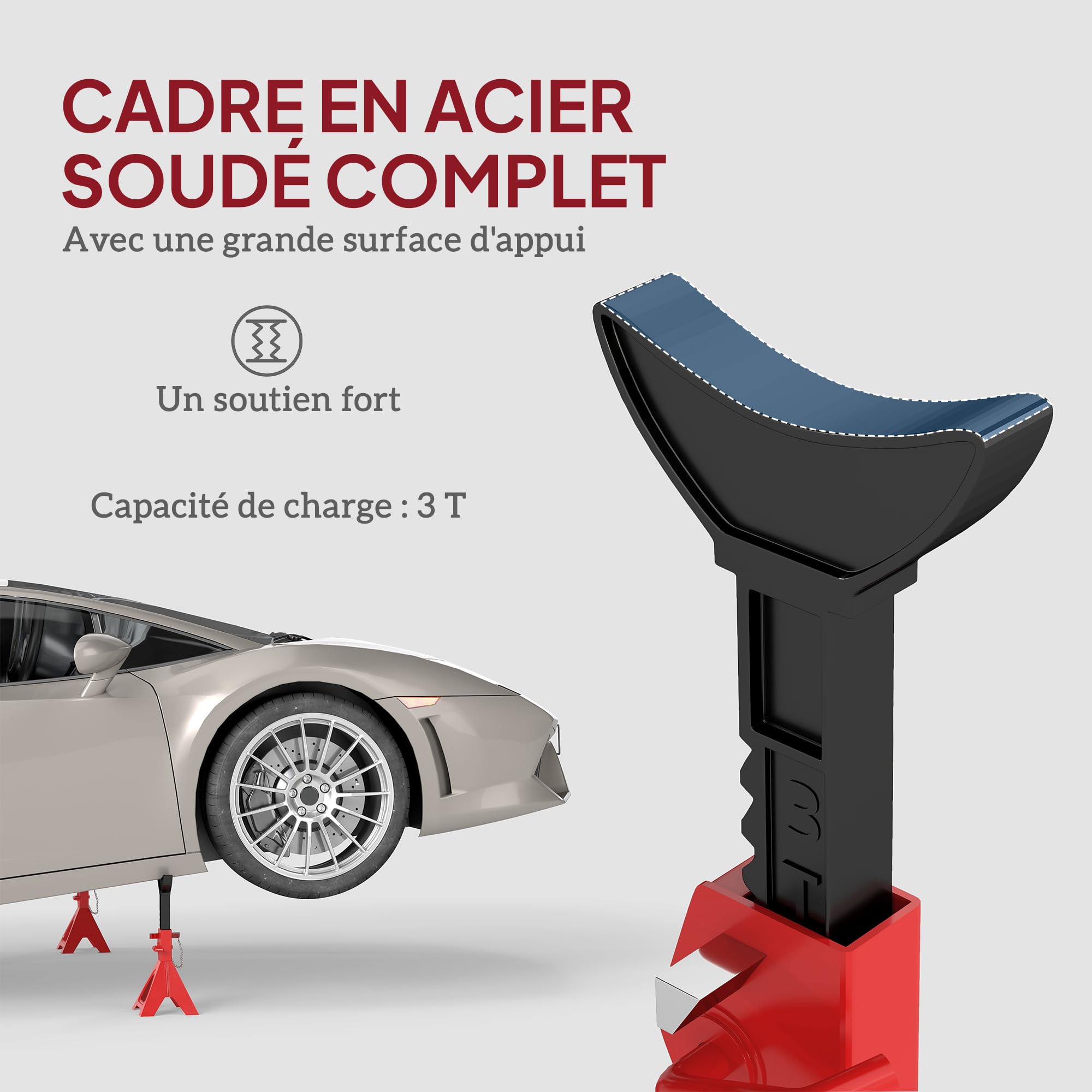 HOMCOM Lot de 2 Chandelles de Levage 3 Tonnes Hauteur Réglable 290-418 mm | Chandelles Voiture, Grande Base, Goupille de Sécurité, pour Véhicule, Caravane, Atelier, Garage, Rouge