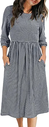 MEROKEETY Women's 3/4 Balloon Sleeve Striped High Waist T Shirt Midi Dress with Pockets