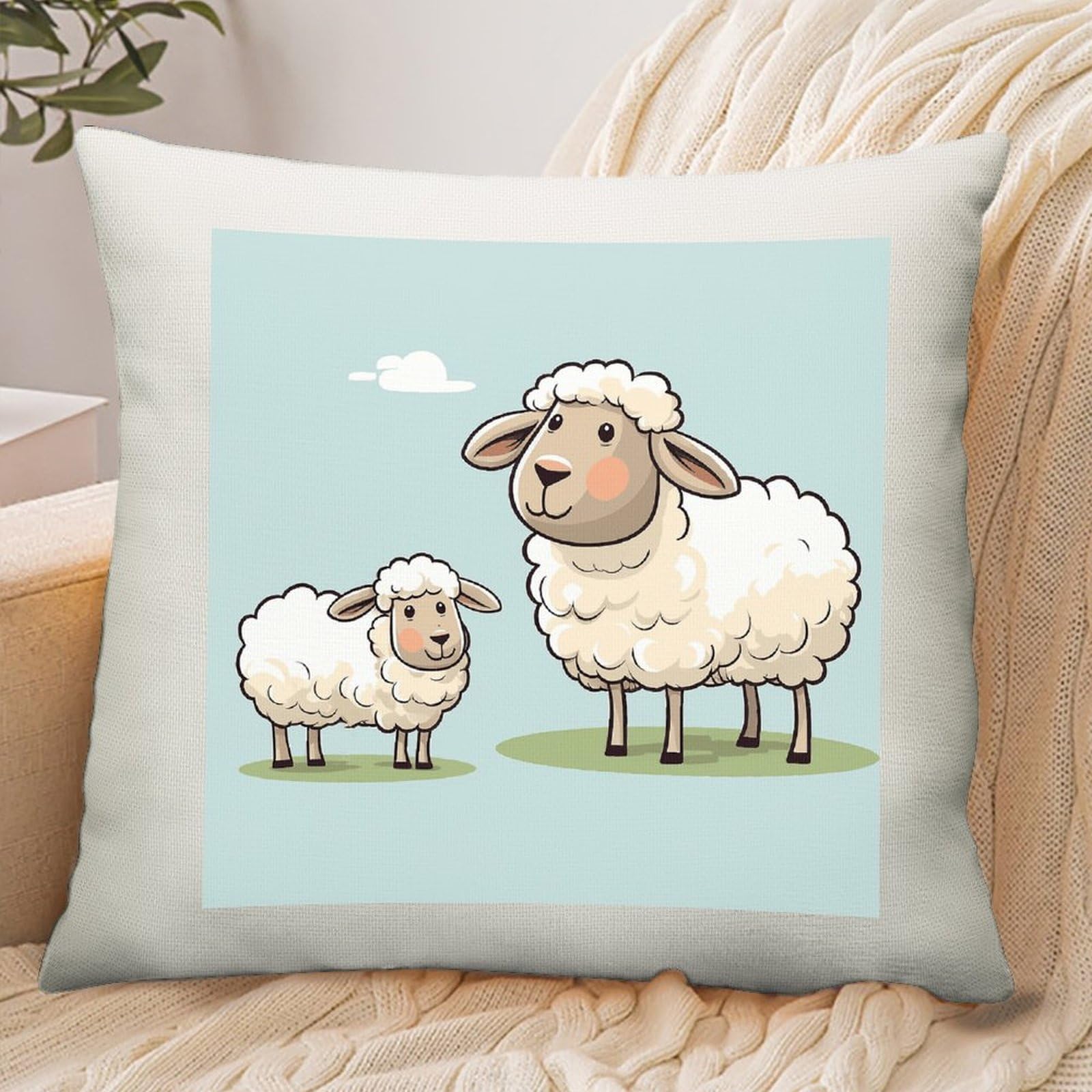 Adfgyerh Style Sheep And Lamb Cartoon Pillow Cover Breathable,Pillowcases Boho Decorative Envelope Closure,Throw Pillow Covers For Beach,Patio,Balcony,Couch Living Room 18 * 18In