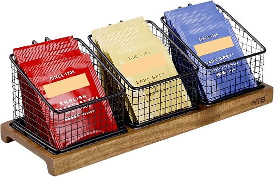 HTB Acacia Wood Tea Bag Organizer with 3 Removable Metal Baskets | Tea Bag Holder Box for Sugar Packets, Sweeteners, Creamers,Coffee Pods,Tea Storage Container for Countertop,Coffee Station