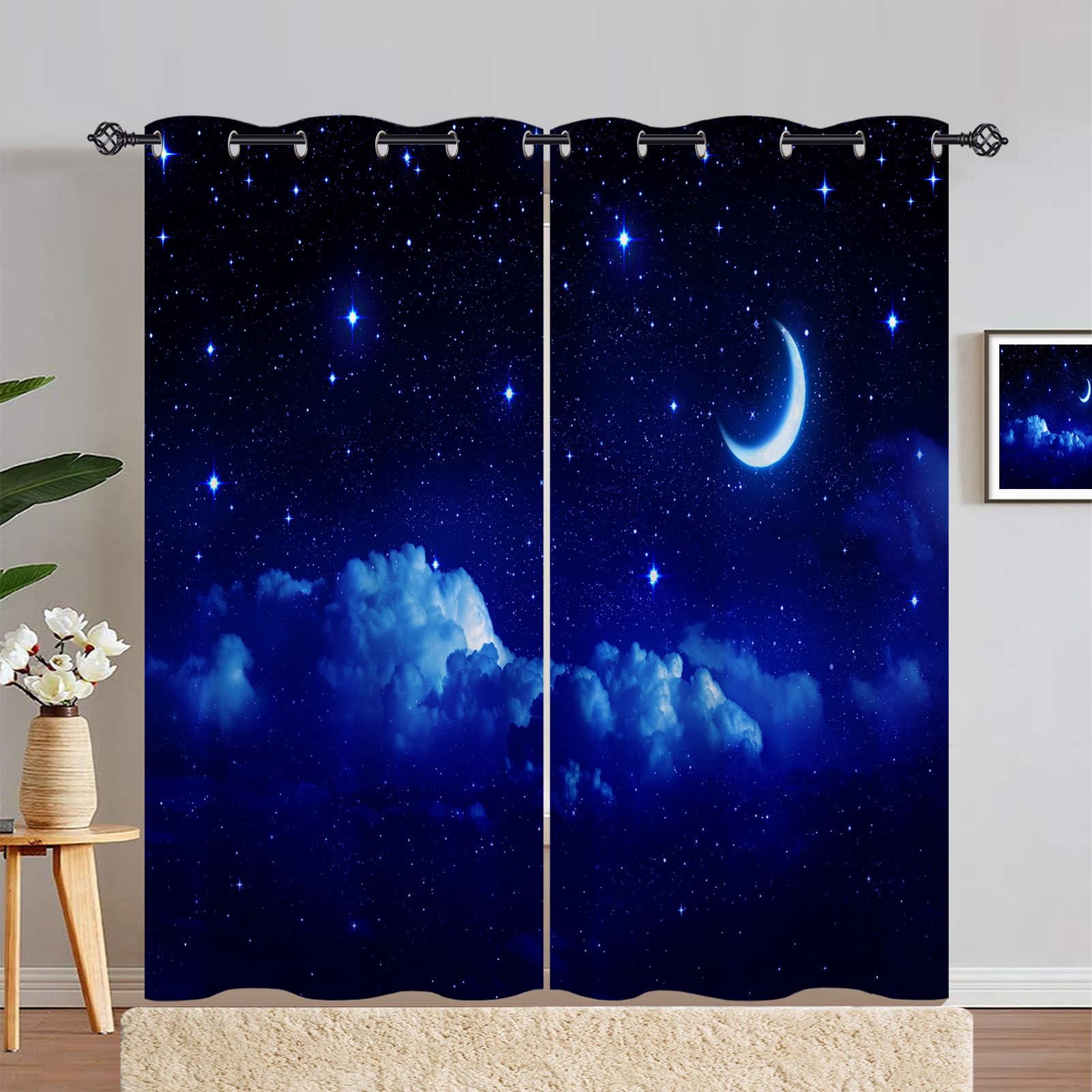 ANHOPE Night Curtains Eyelet Blackout Thermal Insulated Curtains Cloud Moon Stars Print Pattern Soft Soundproof Privacy Window Drapes for Kids Boys Girls Bedroom Living Room 55 x 84 Inch 2 Panels