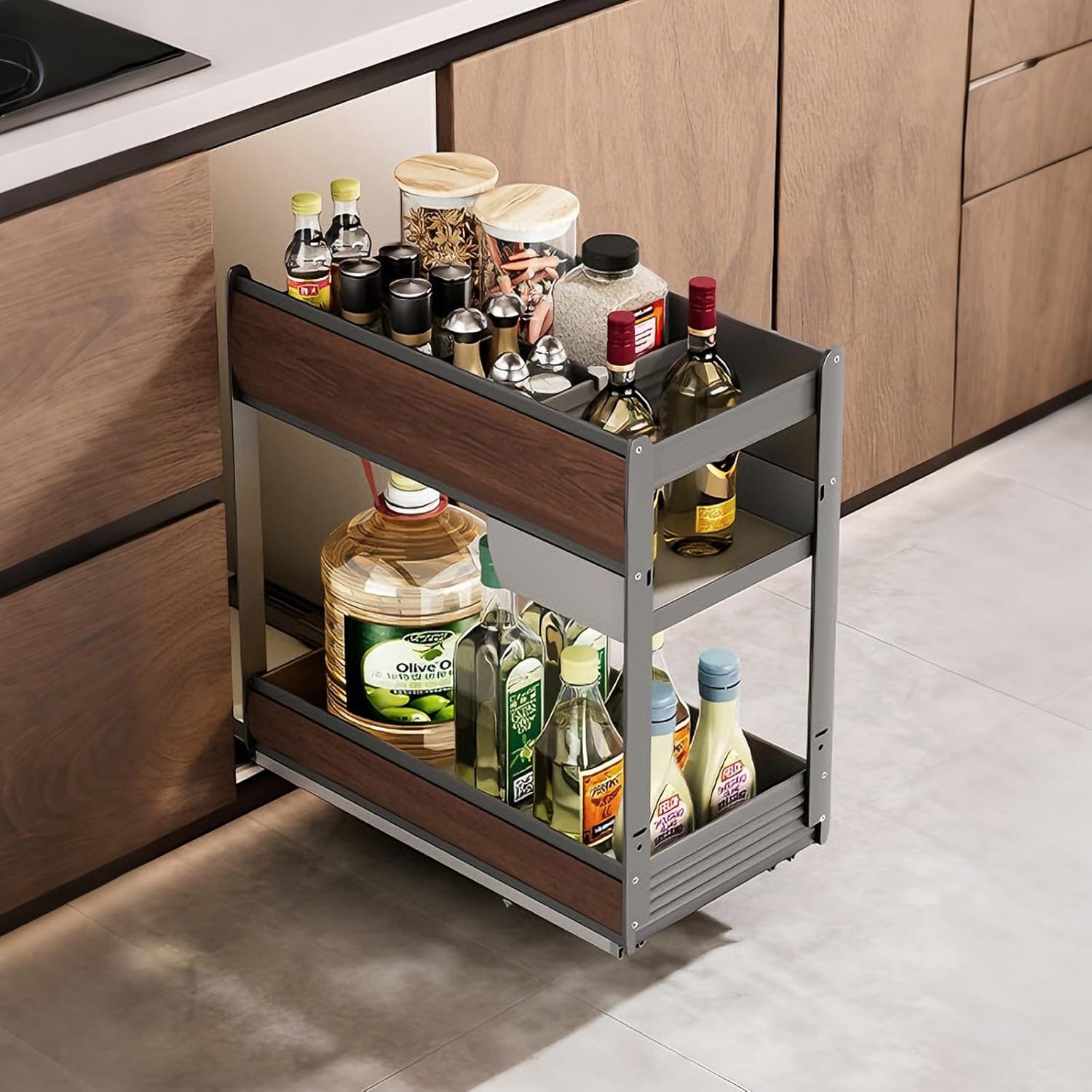 Pull Out Spice Rack Organizer for Kitchen Cabinet, 2-Tier Slide Out Base Cabinet Shelves, Aluminum Pantry Storage with Soft Close Rails, Fits 9.8", 11.8", 13.7", 15.7", 17.7" Wide Cabinet Opening