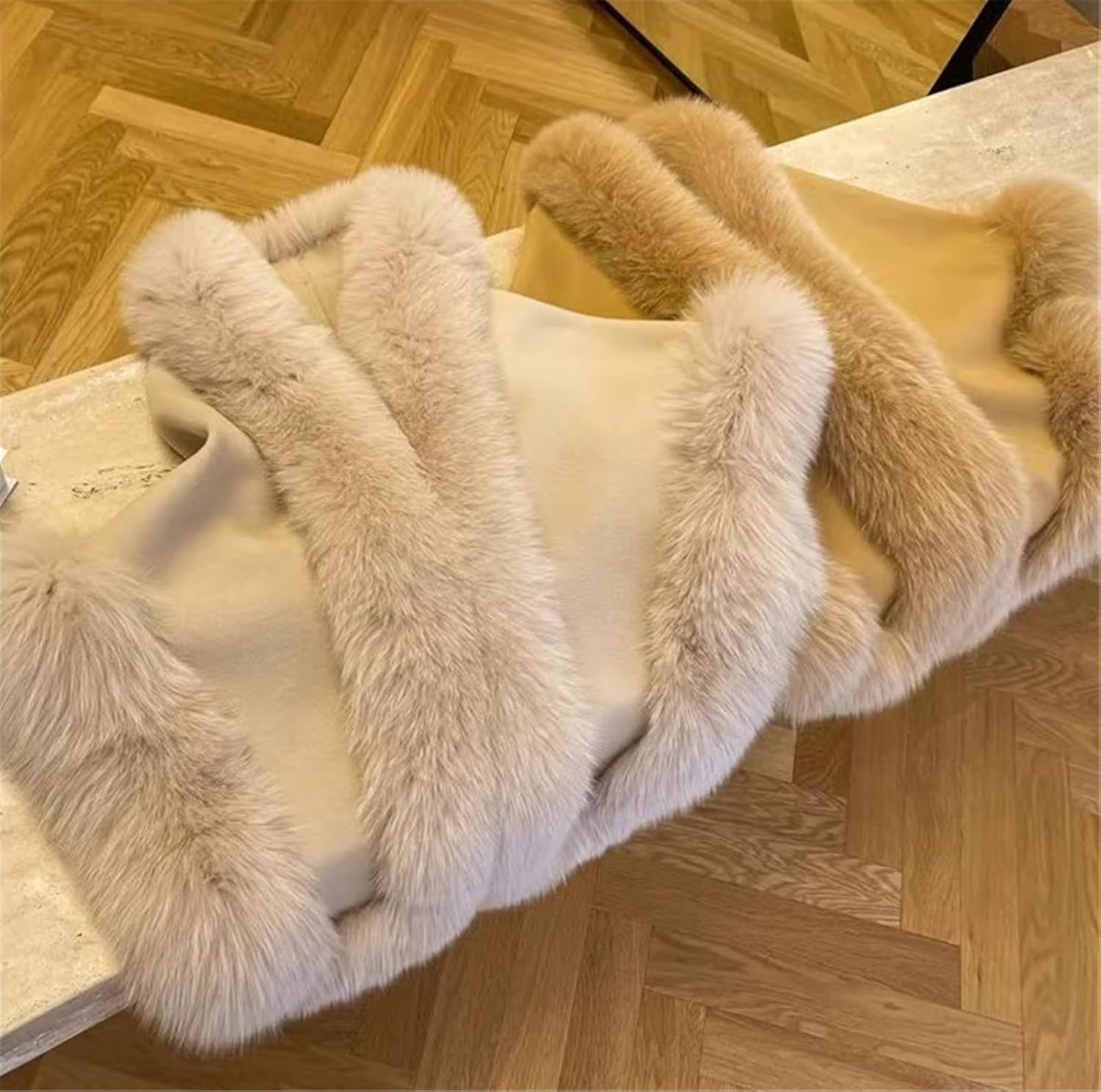 ZE-012 Wool Cape For Women Warm Winter With Buttons Pockets And Real Fox Fur Trim Shawl Wrap Big Fluffy Fur Over Coat
