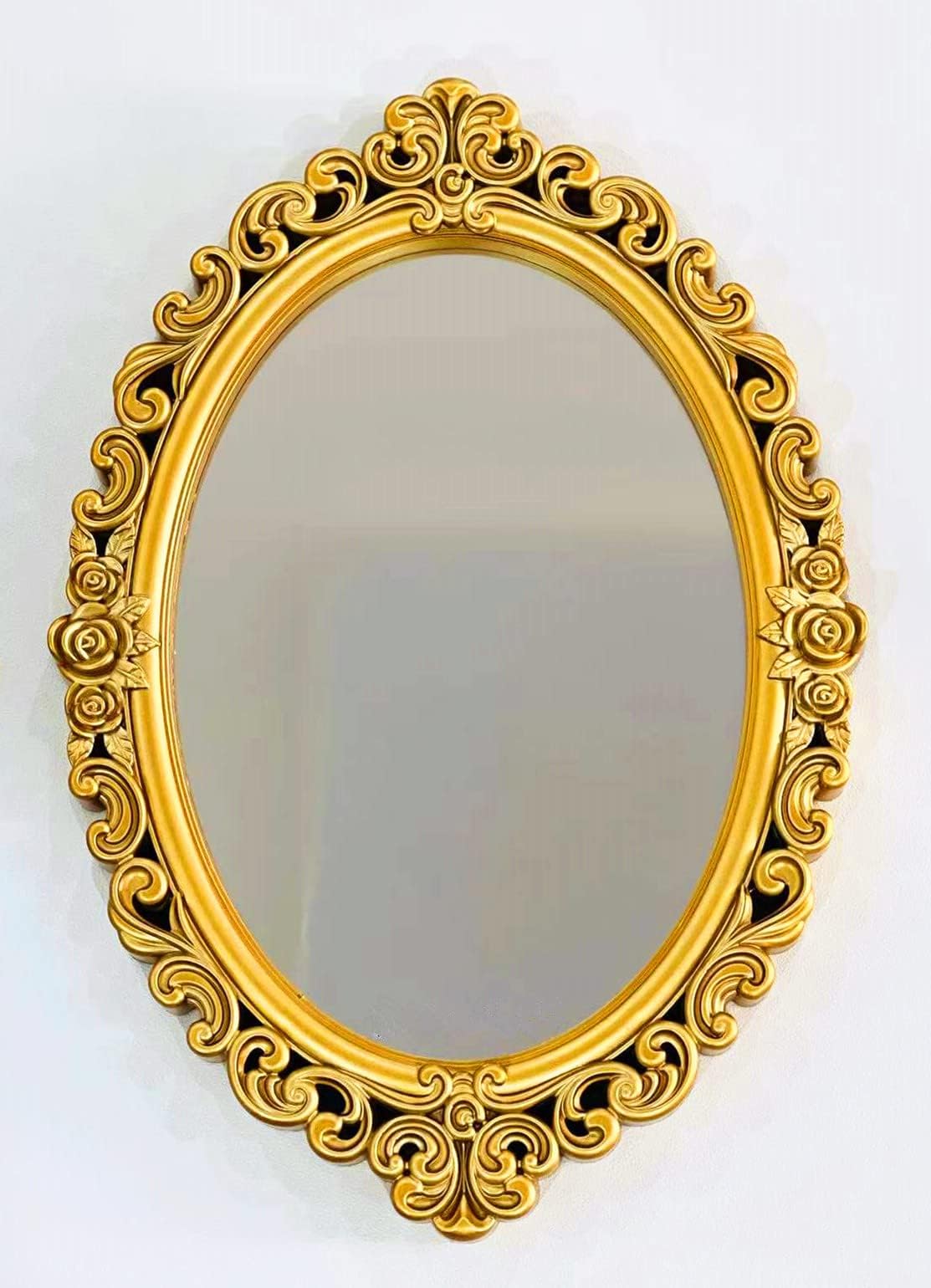 Decorative Wall Mirror, Vintage Hanging Mirror for Bedroom Living-Room Dresser Décor, Oval Vanity Organizer for Perfume Jewelry Makeup, Display and Serving Tray (Oval - Golden)