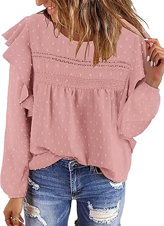 BETTE BOUTIK Womens Boho Fall Long Sleeve Shirts Crewneck Dressy Casual Blouses Trendy Flowy Tops