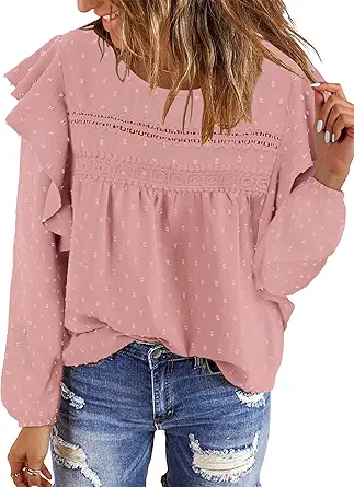 BETTE BOUTIK Womens Boho Fall Long Sleeve Shirts Crewneck Dressy Casual Blouses Trendy Flowy Tops