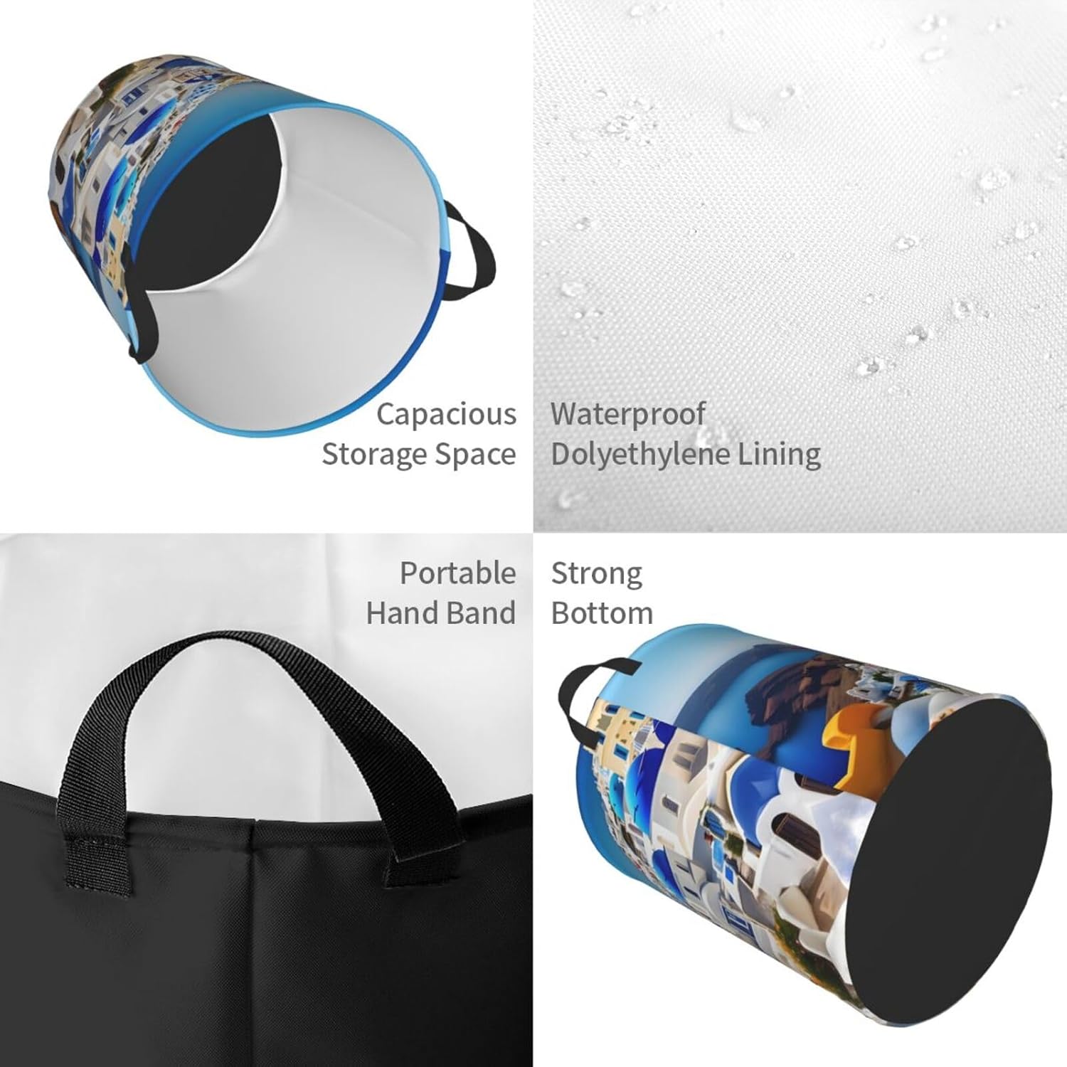 Santorini Greek Island Sea View Print Laundry Baskets Decorative Basket Living Room Storage Basket For Blankets Clothes Pillows, Medium, Black