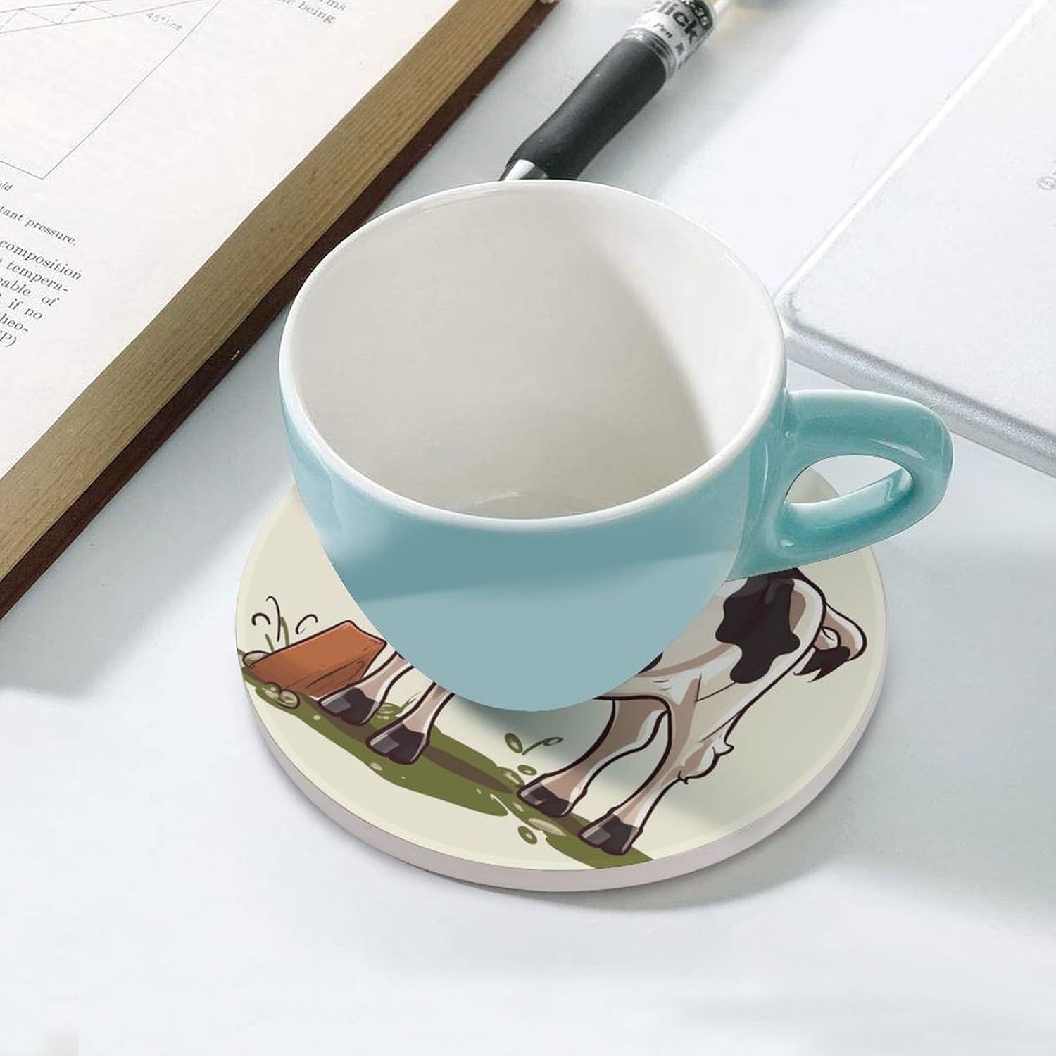 Dairy Cow Coaster with Cork Base Drink Coasters for Coffee Table Decor Modern Cup Coasters with Non-Slip & Heat-Resistant Cute Ceramic Table Coaster for Home Dining