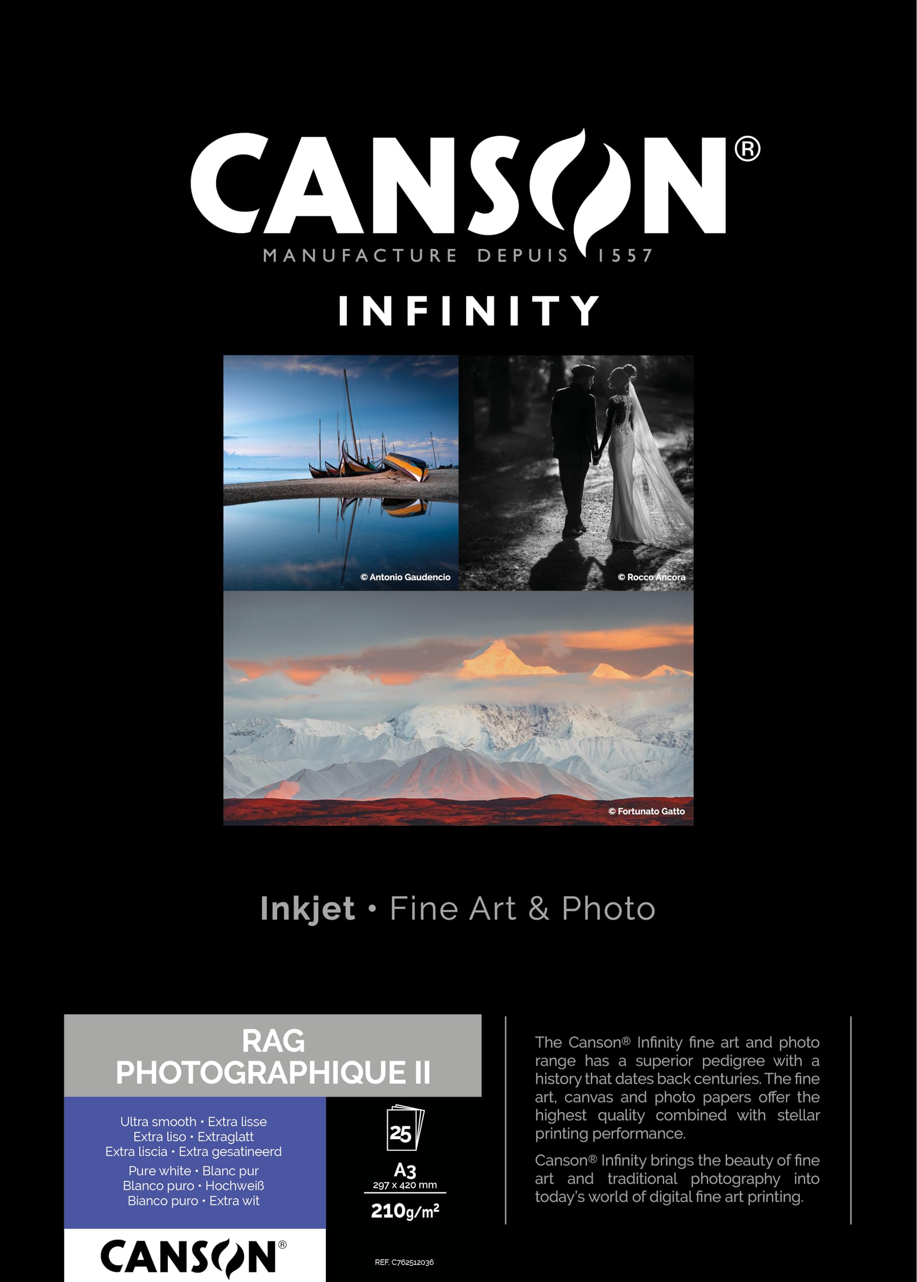 Canson Infinity Rag Photographique, Digital Photo Paper, Ultra Smooth, 210 g, Box, A3-29.7x42 cm, White, 25 Sheets