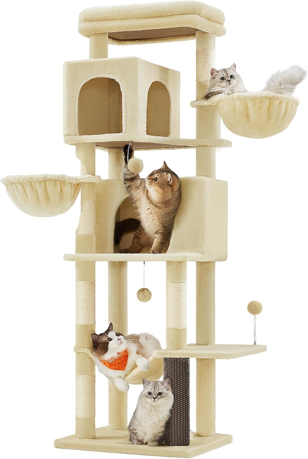 Feandrea Cat Tree, 69-Inch Tall Cat Tower, Multi-Level Plush Condo with 2 Caves, 2 Baskets, 5 Scratching Posts, Self-Groomer, Perch, Hammock, Dark Gray UPCT182G02