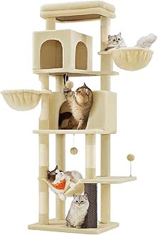 Feandrea Cat Tree, 69-Inch Tall Cat Tower, Multi-Level Plush Condo with 2 Caves, 2 Baskets, 5 Scratching Posts, Self-Groomer, Perch, Hammock, Sand Beige UPCT182Y01