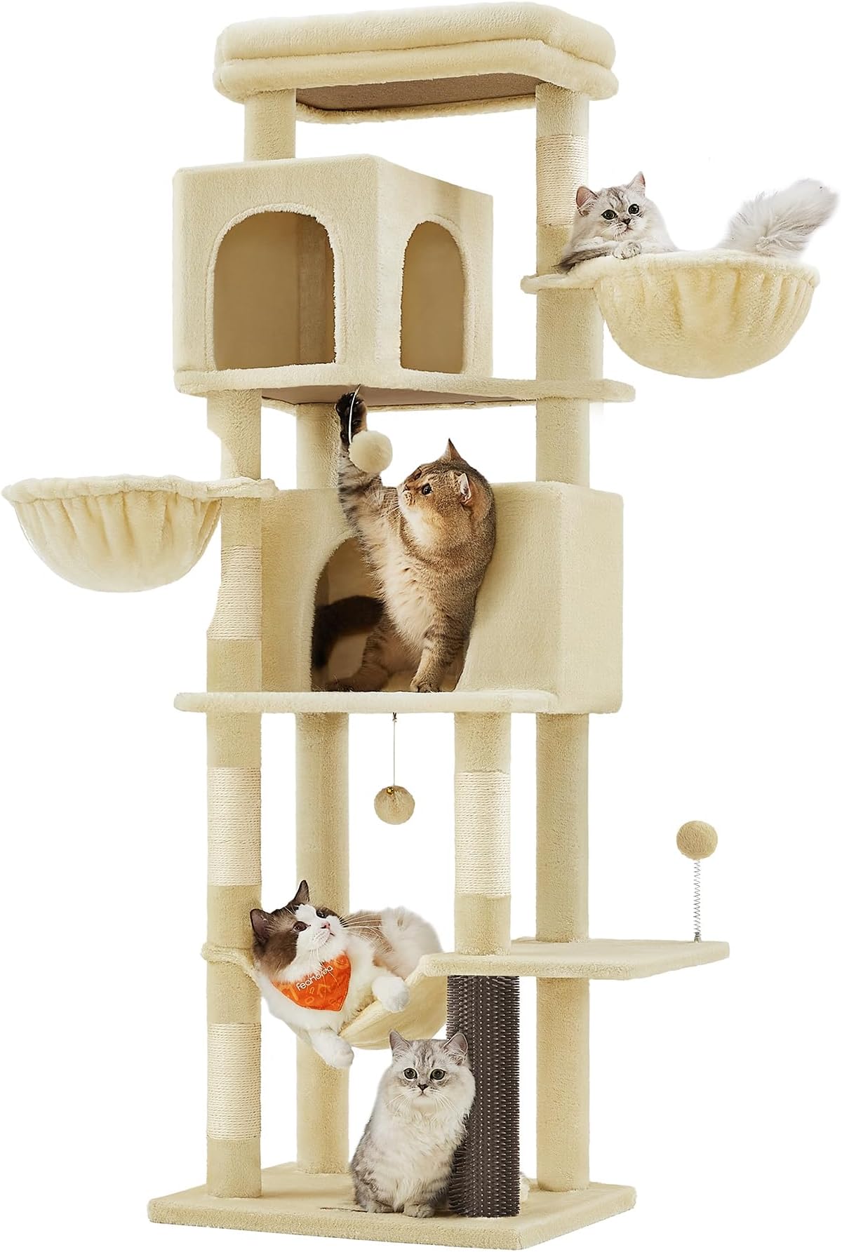 Cat Tree, 69-Inch Tall Cat Tower, Multi-Level Plush Condo with 2 Caves, 2 Baskets, 5 Scratching Posts, Self-Groomer, Perch, Hammock, Sand Beige UPCT182Y01