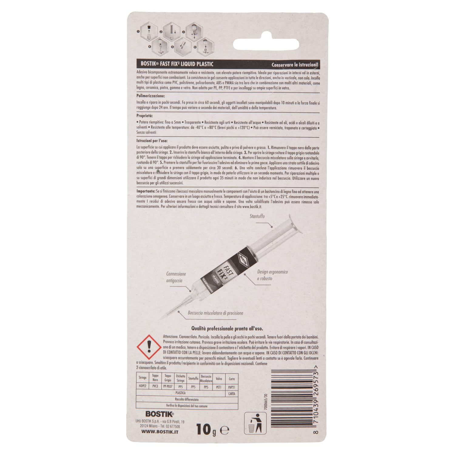 BOSTIK Fast Fix2 Liquid Plastic colle bicomponenti super forte e rapida, pronta all'uso, per materiali plastici 10g trasparente