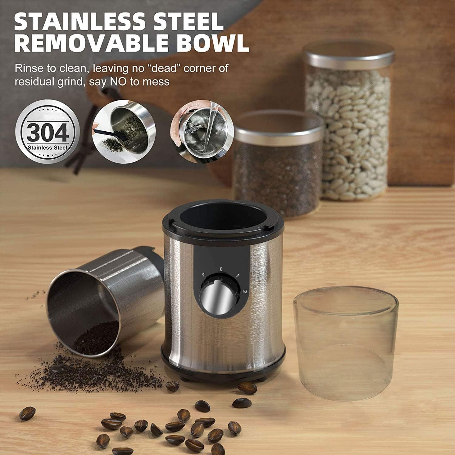 Electric Grinder for Coffee Beans, Nuts and Any Kind of Spices, Stainless Steel Grinding Mechanism, Easy Grinding in Seconds (Color : Silver)