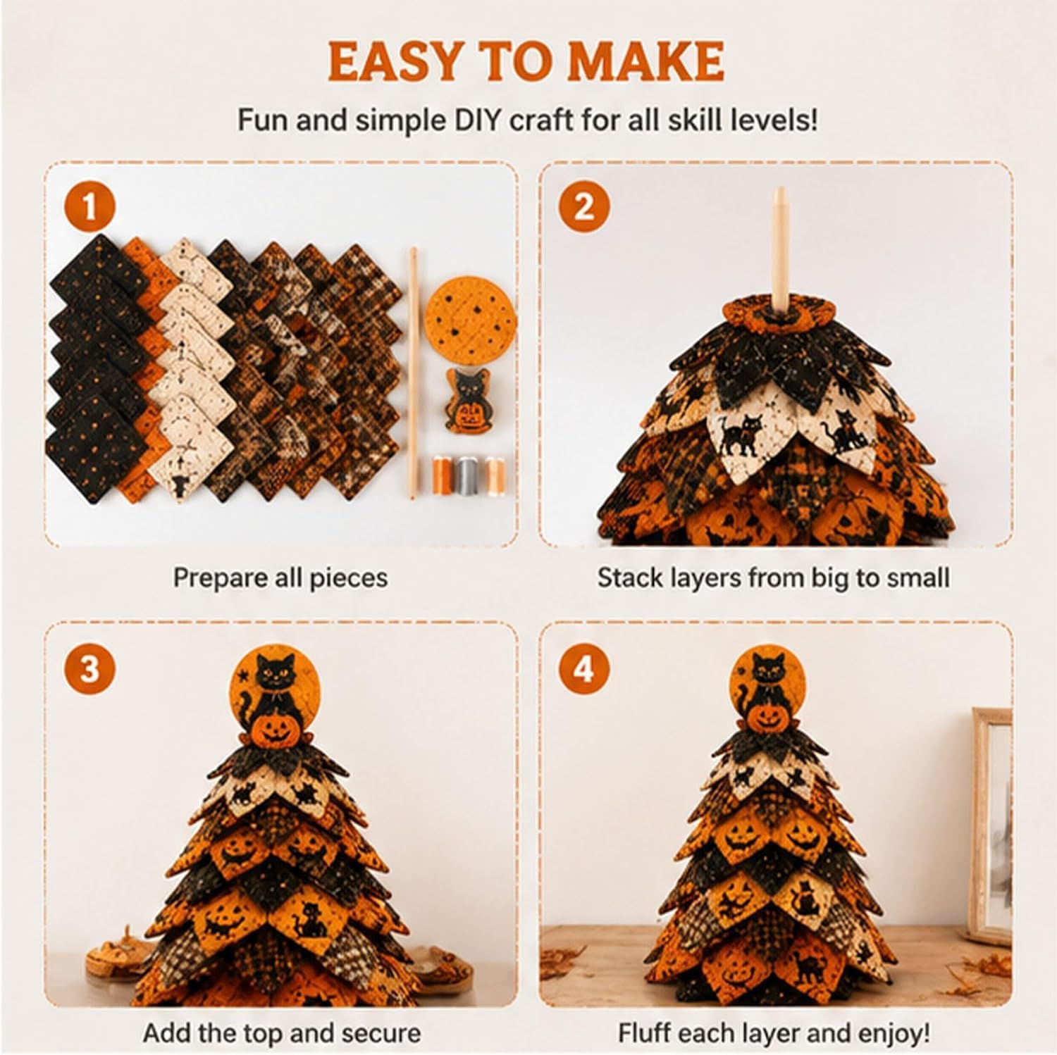 WWG DIY Halloween Quilted Fabric Tree Kit, 3D Padded Sewing Craft Kit, 3D Fabric Tree Sewing Craft, Halloween Home Decor, 3D Padded Design, DIY Sewing Craft, Handmade Holiday Gift for Craft Lovers，#A