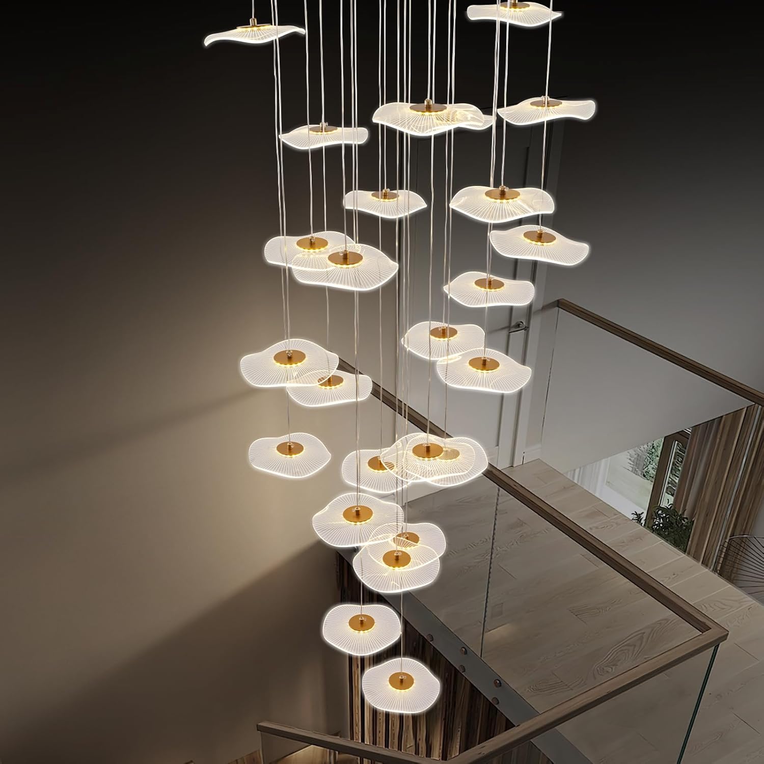 Gold LED High Ceiling Chandelier - 25-Light Dimmable Modern Long Lotus Leaf Chandeliers for Foyer Enterway Staircase