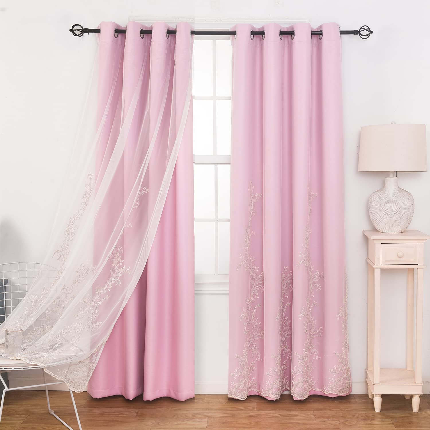 GYROHOME Double Layer Curtains with Embroiered Sheer Voile, Mix and Match Curtains Room Darkening Grommet Top Thermal Insulated Drapes for Girls,2Panels,132x243cm,Pink