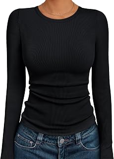 AUTOMET Women's Ribbed Long Sleeve Crewneck Top - Soft Stretchy Fitted Shirt for Work, Casual & Layering
