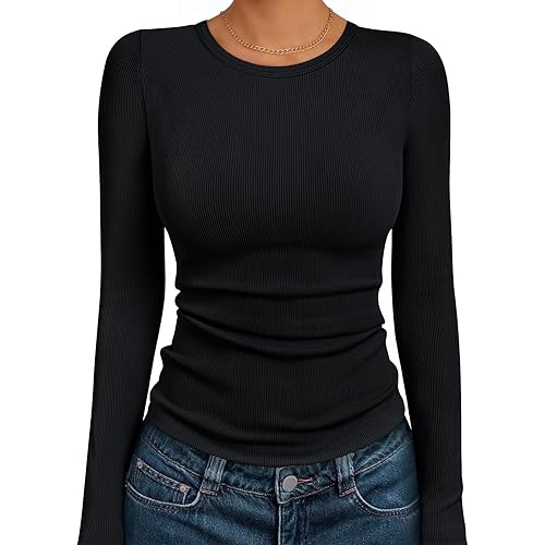 AUTOMET Long Sleeve Shirts Blouses Fall Fashion Ribbed Basic Tops Winter Clothes