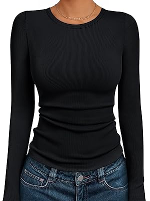 AUTOMET Women's Ribbed Long Sleeve Basic Top - Soft Stretch Crewneck Shirt for Work & Casual