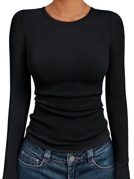 AUTOMET Women's Ribbed Long Sleeve Basic Top - Soft Stretch Crewneck Shirt for Work & Casual