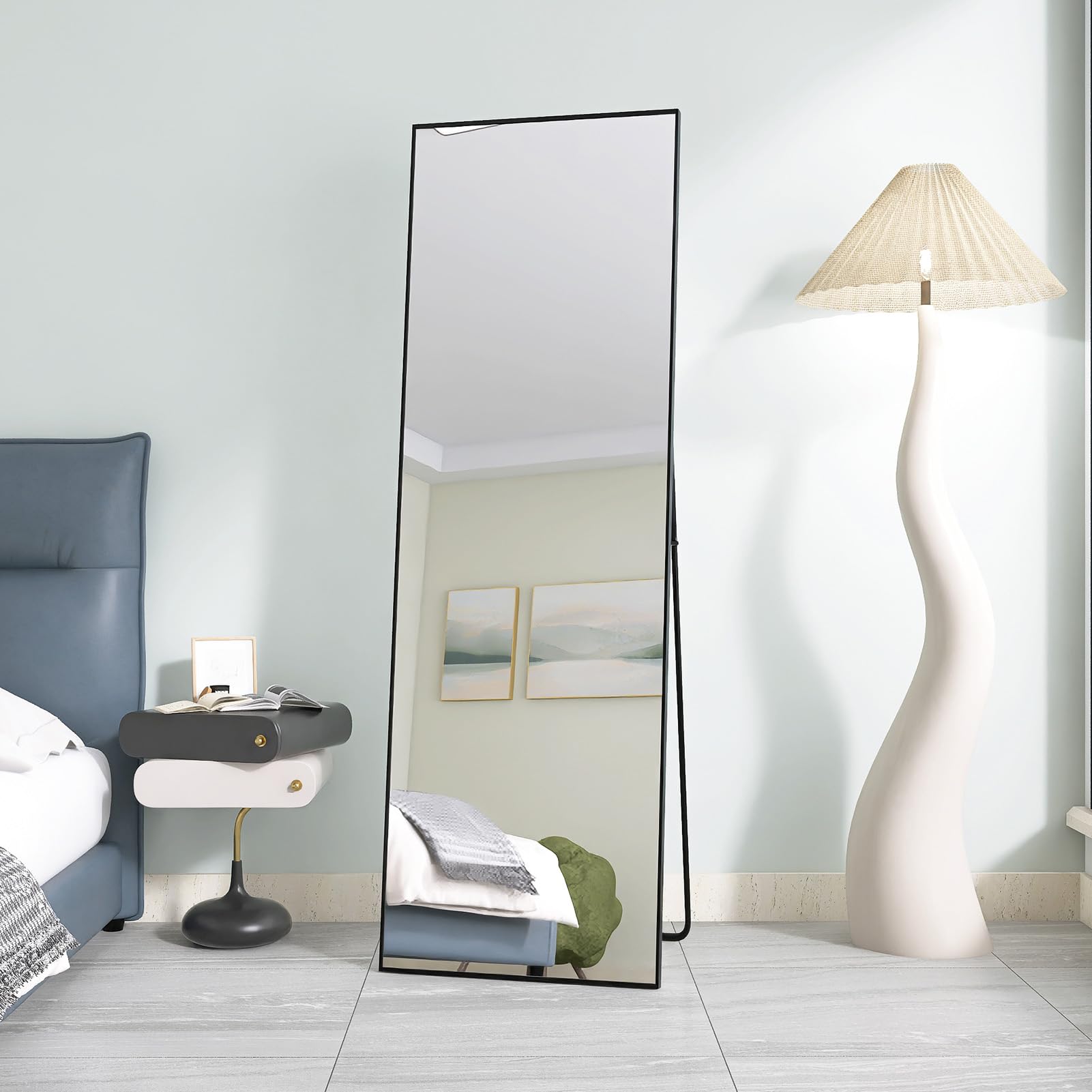 Specchio Pieno Lunghezza 162 x 53 cm, Grande Specchio da Pavimento Rettangolare da Appendere o Inclinare, Telaio in Lega di Alluminio Nero, Specchi su Piede per Soggiorno Camera