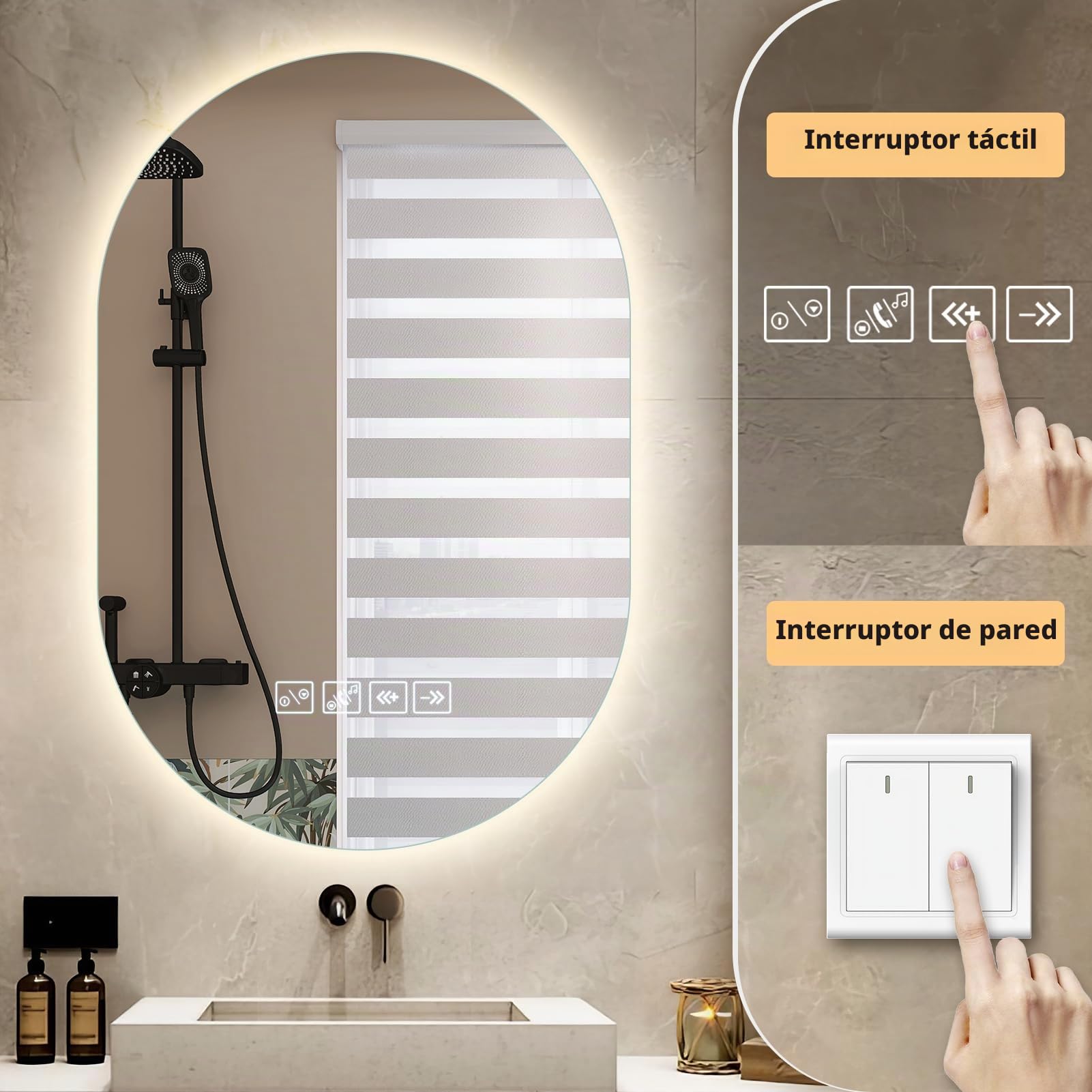 500 x 750 Bluetooth Música Espejo de Baño con Iluminación Regulable 3000K 4500K 6500K | Tiempo Antivaho IP44 Impermeable con Luz Memoria Inteligente para Hotel Hogar Oval