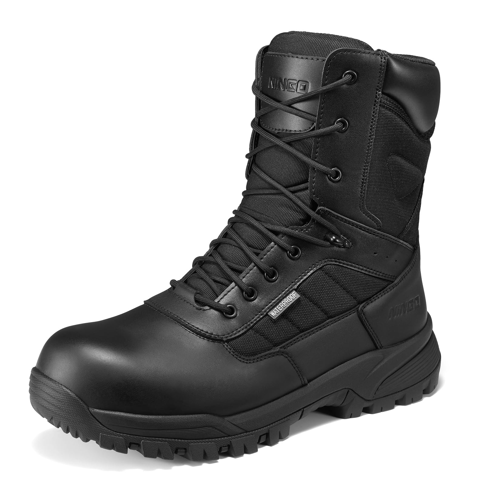 NINGO Composite Toe Boots for Men, Waterproof Work Boots with Side Zipper, Non Slip and Puncture Proof Protection, Lightweight Design, 8'' Leather