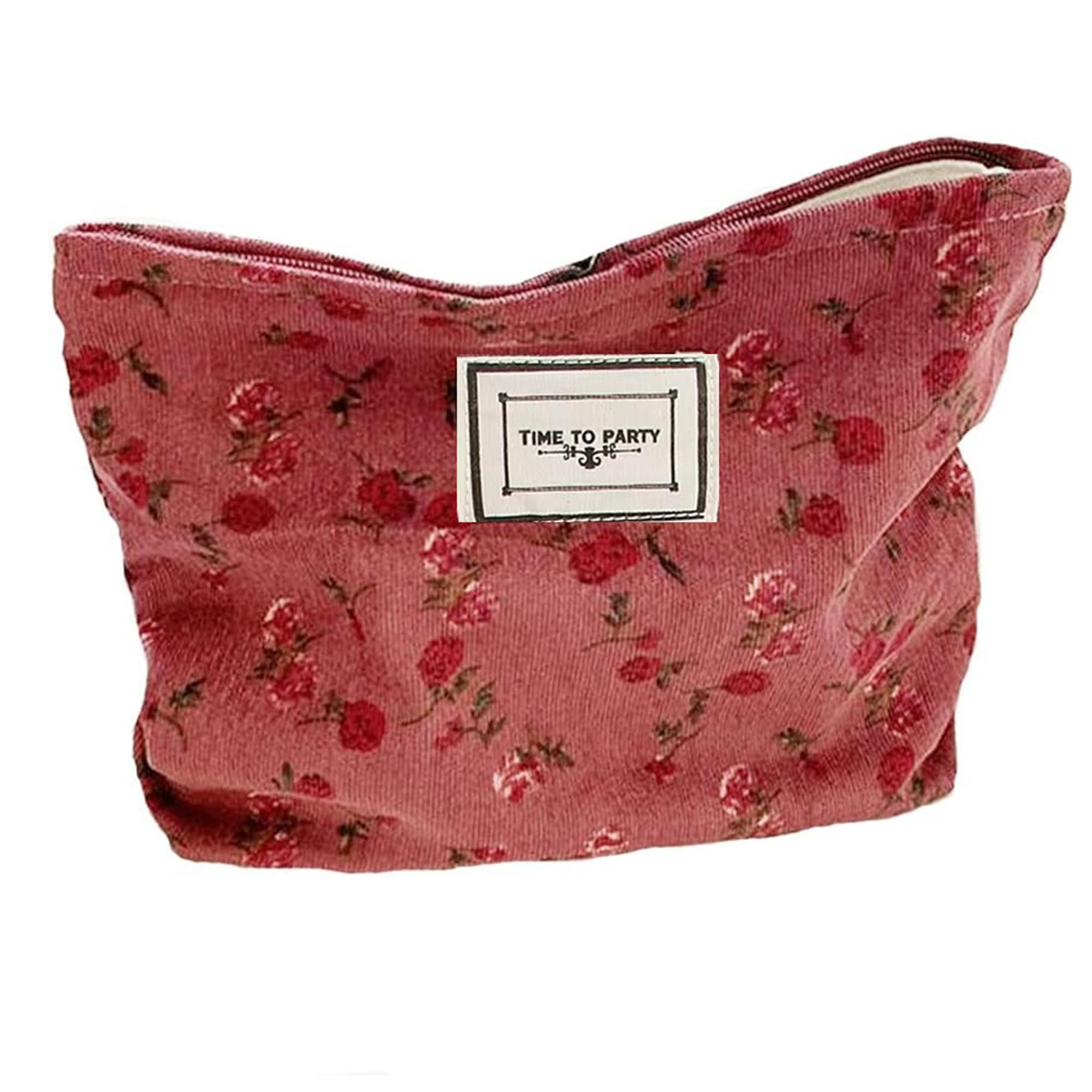 Cosmetic Bags for Women, Large Floral Makeup Bag for Purse, Dark Red Rose