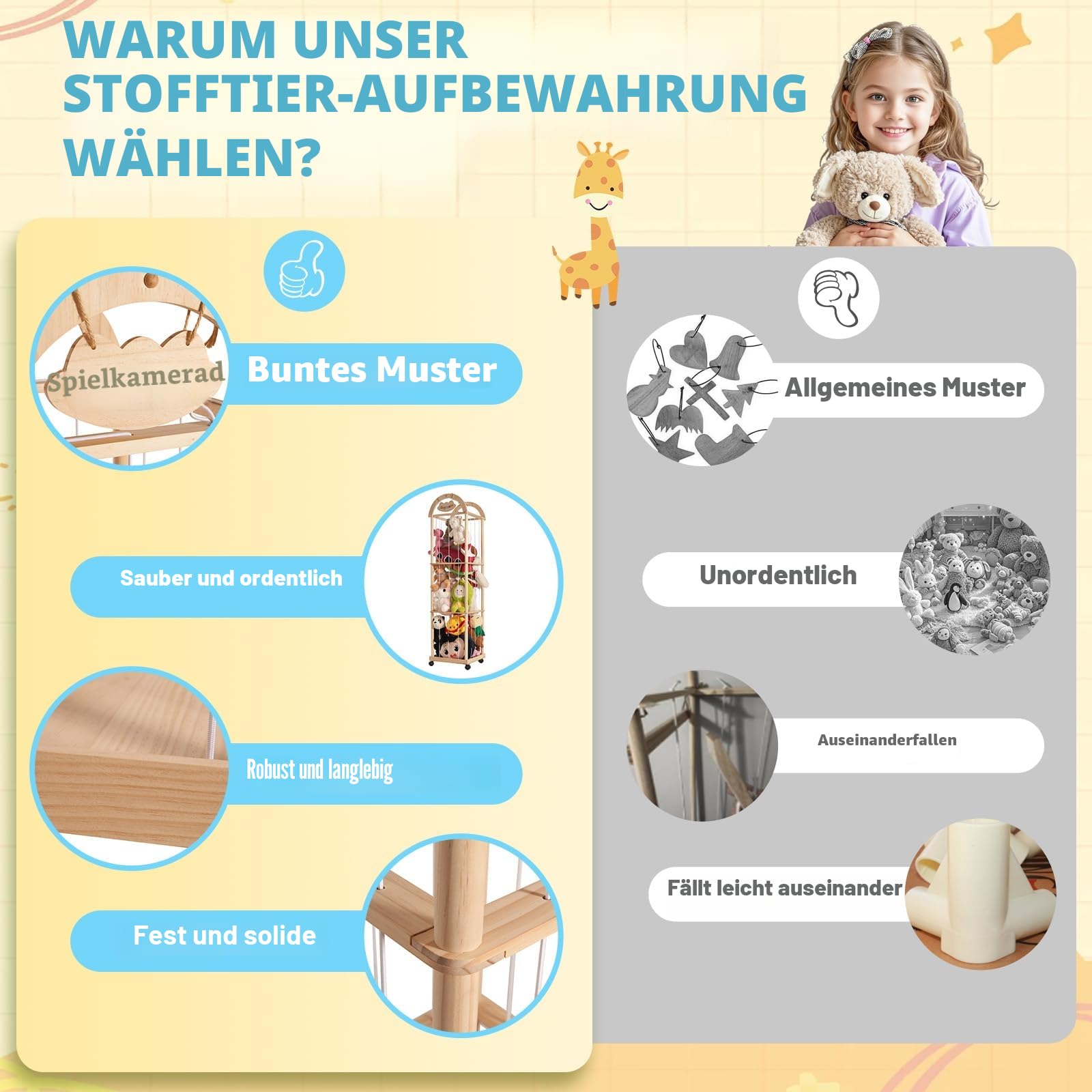 Großer Stofftier-Organizer, 155 cm hoch, Premium-Holz-Zoo-Spielzeughalter für Kleinkinder, Spielzimmer und Schlafzimmer