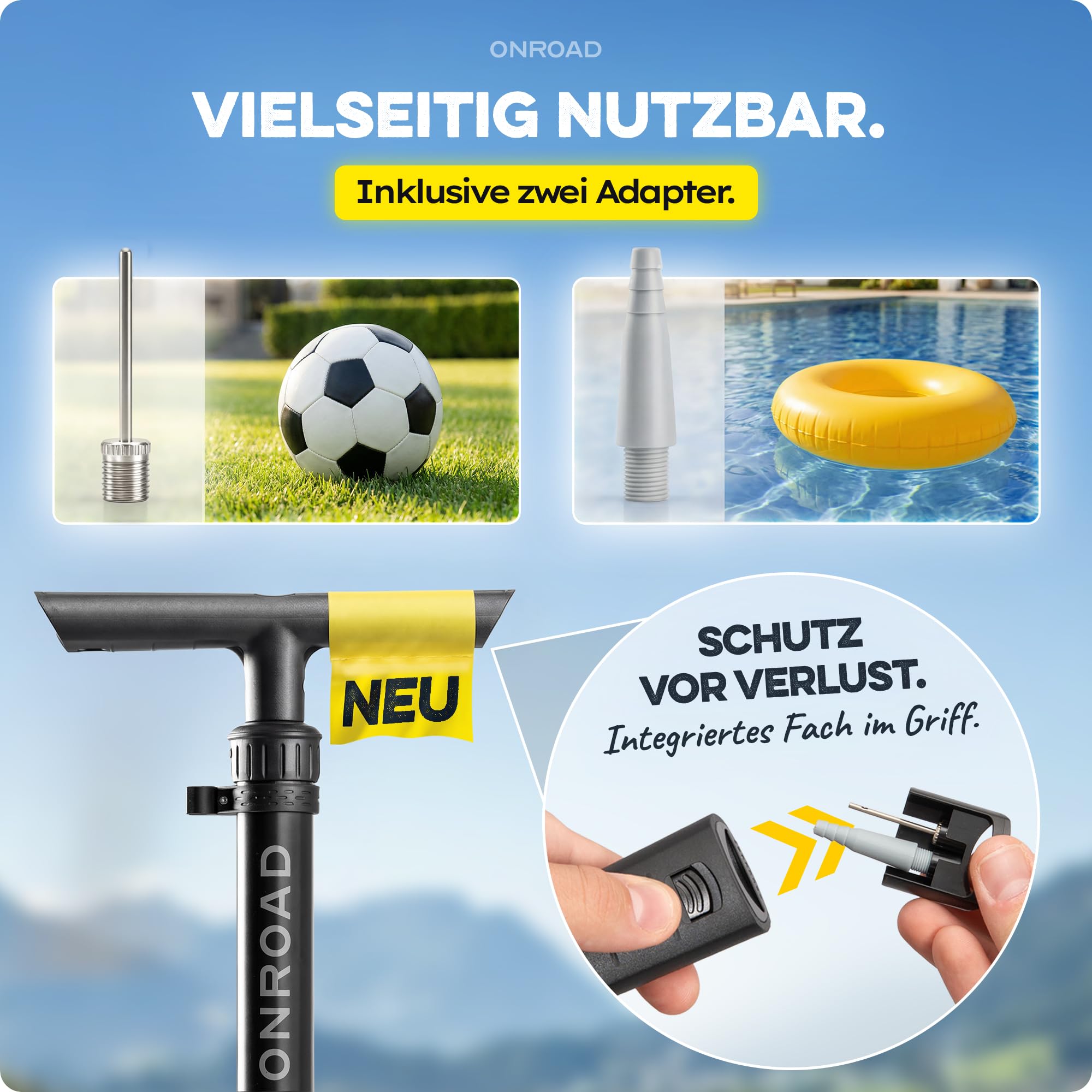 Fahrradpumpe alle Ventile (Presta/SV, AV, DV) – Luftpumpe Fahrrad ON‑AIR mit großem Manometer, Adaptern & Ballnadel, Leistungsstarke & hochwertige Standpumpe – Pumpe für Unterwegs & Zuhause