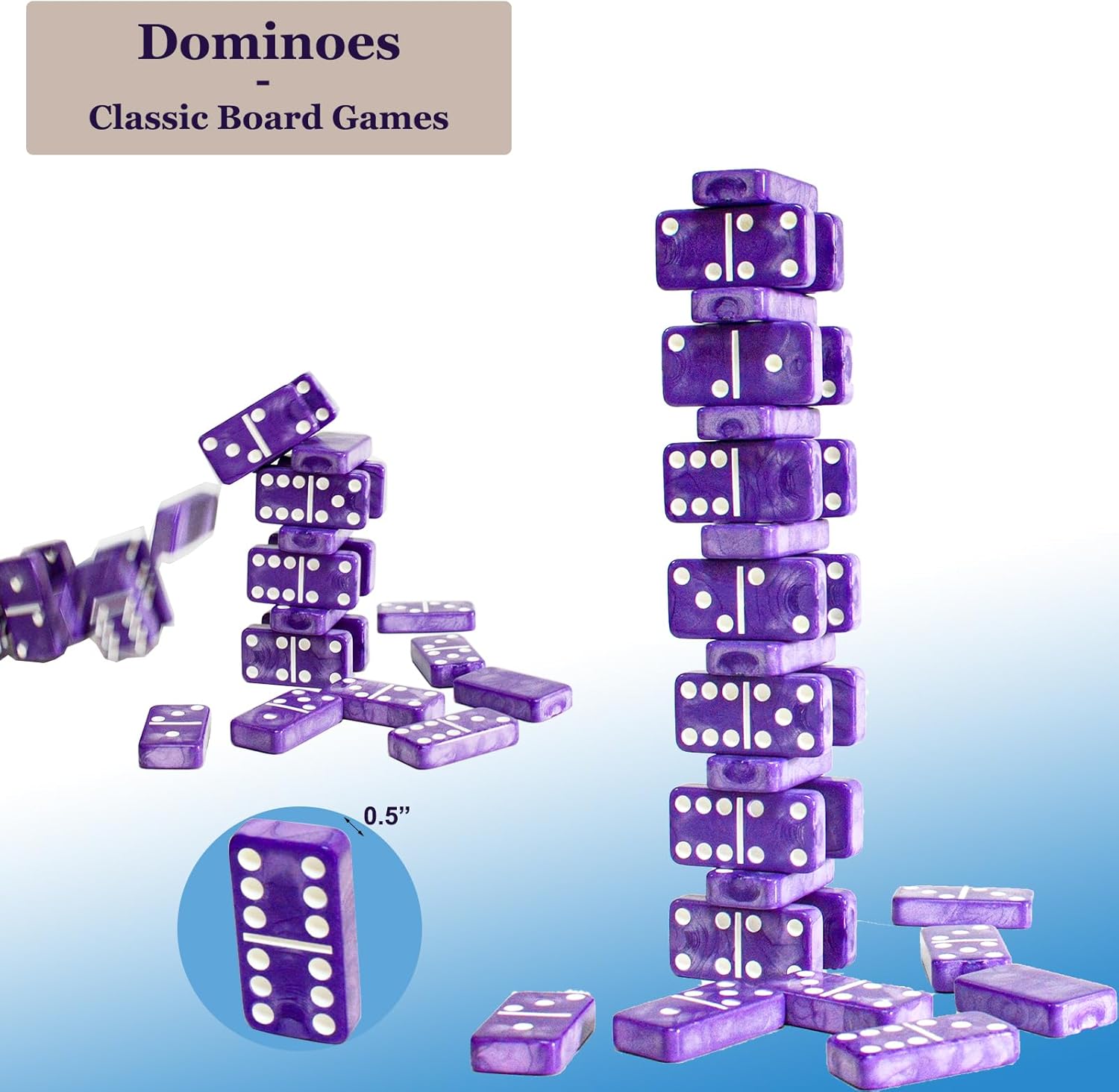 Dominos Set for Adults – Double 6 Dominos - Dominoes Set for Kids and Adults - 28 Marbleized Purple Jumbo Domino, Classic Board Game for Family Nights & Travel (Purple Case)