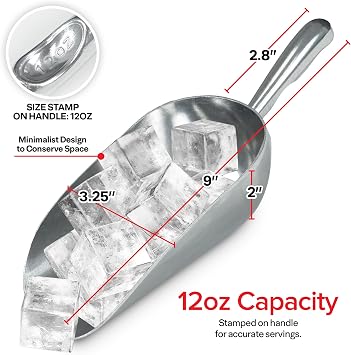 12 oz Ice Scoop (Hand Wash Only), Stock Your Home Metal Ice Scoop for Freezer, Commercial Food Grade Aluminum Utility Scooper for Ice Machine, Kitchen, Bar, Restaurant, Flour, Popcorn and Pet Food