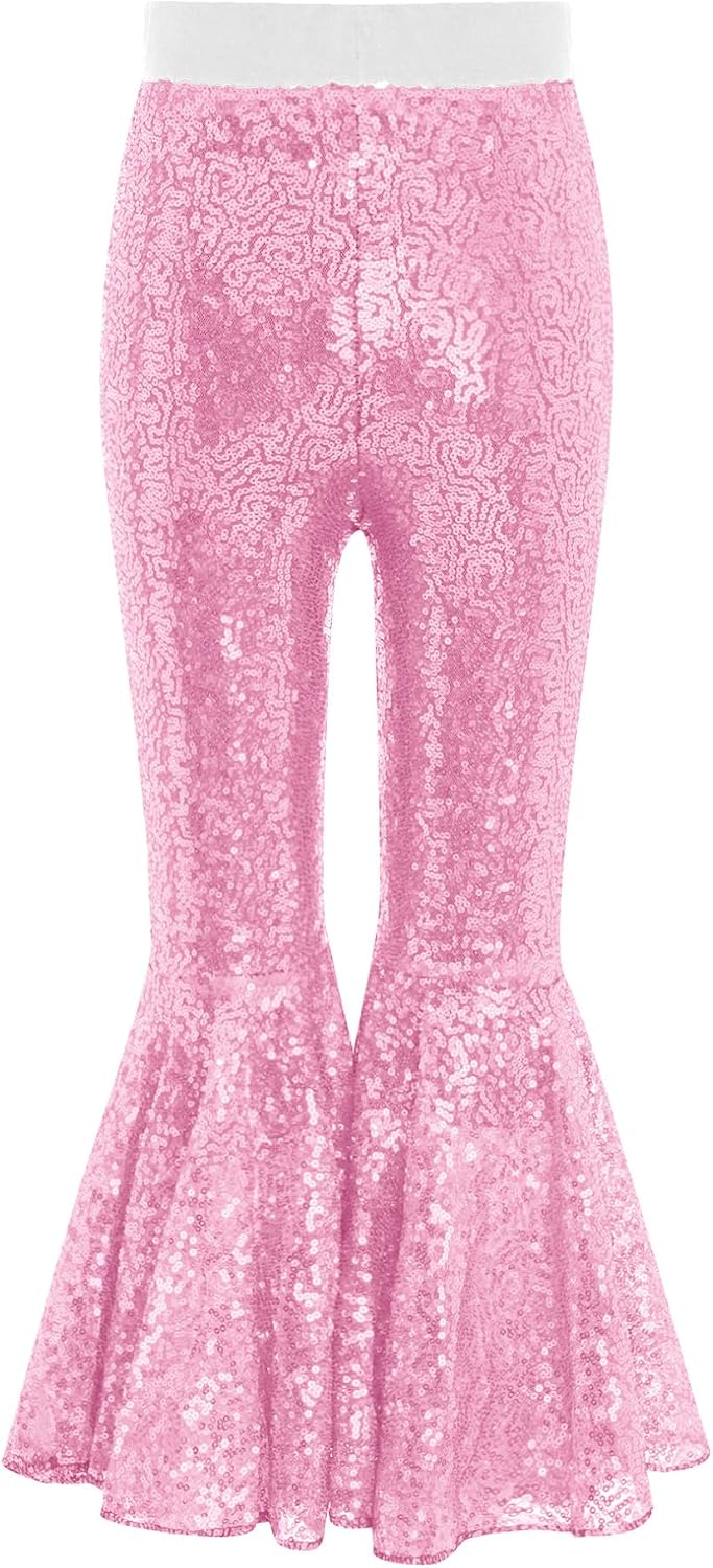 Hularka Kids Girls Sequins Disco Jazz Hip Hop Dance Flared Pants Bell Bottom Performance Trousers Yoga Ruffle Leggings Pink 11-12 Years