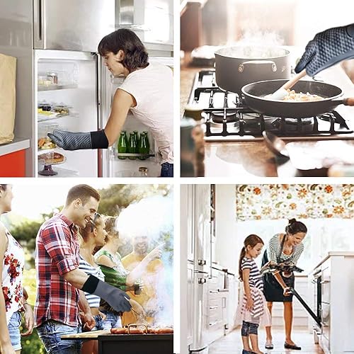 Vista 21 de Guantes de barbacoa, guantes de silicona resistentes al calor, guantes largos impermeables para horno de cocina con capa interior de algodón
