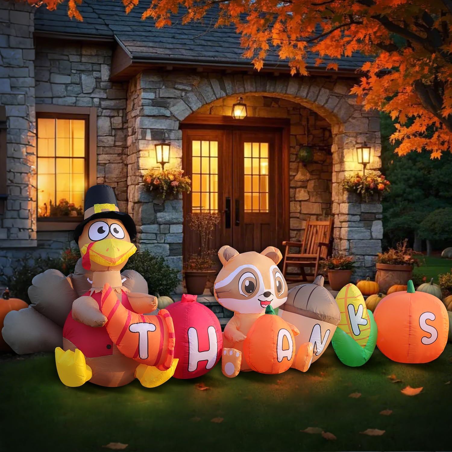 DomKom 8FT Thanksgiving Inflatable Turkey Outdoor Decor - Turkey and Vegetables Blow Up with Lights for Yard, Fun Autumns Fall Harvest Happy Thanksgiving Holiday Inflatable Decoration