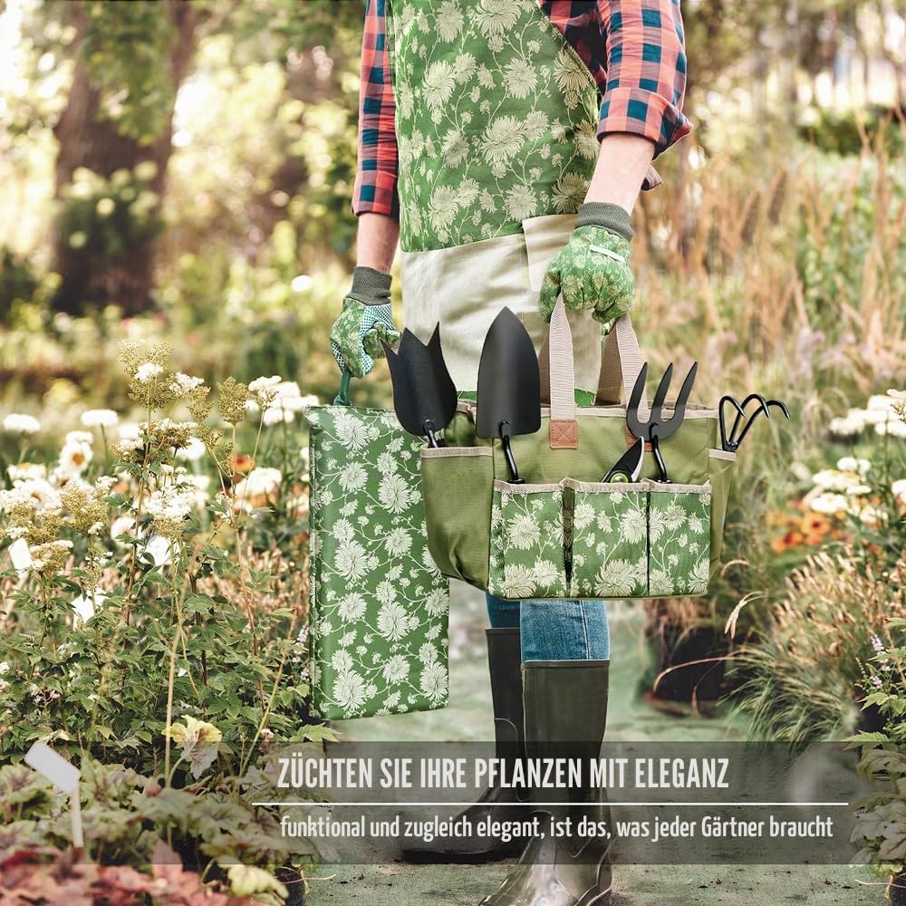 Colwelt Gartengeräte-Set, 8-teilig, Gartengeräte mit Holzgriff, einschließlich Gartentasche, Kniepolster, Handschuhe, Gartenschere, Kelle, Tulpenkelle, Grubber – Gartengeschenke für Damen und Herren