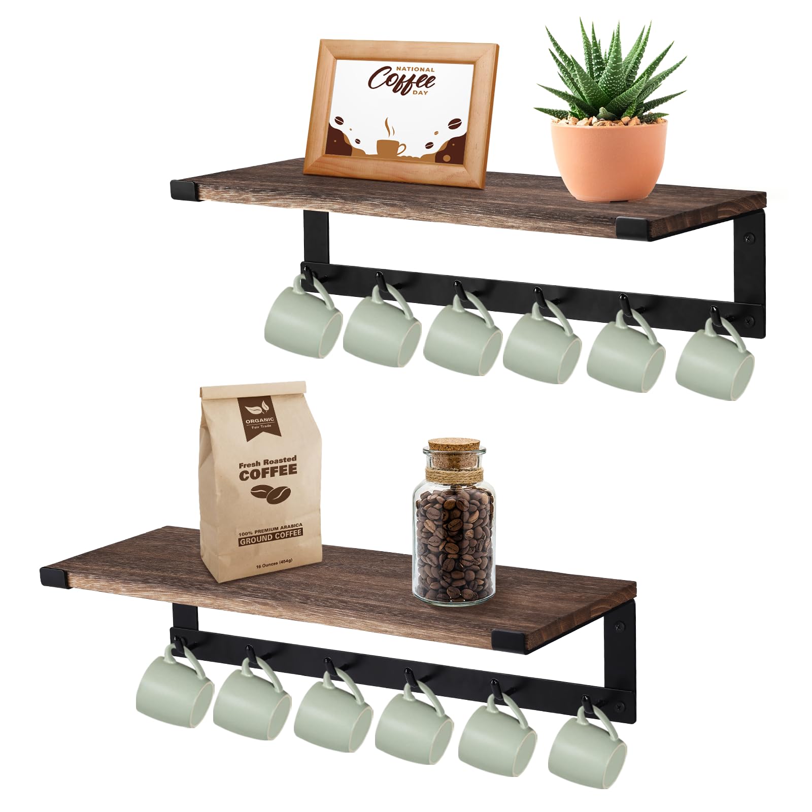Coffee Mug Holder Coffee Cup Holder Wall Mounted Mug Rack with Hooks Set of 2 Mug Rack with 6 Hooks Storage Rustic Floating Shelf Coffee Bar Accessories Wood Coffee Cup Hanger for Organizing Decor