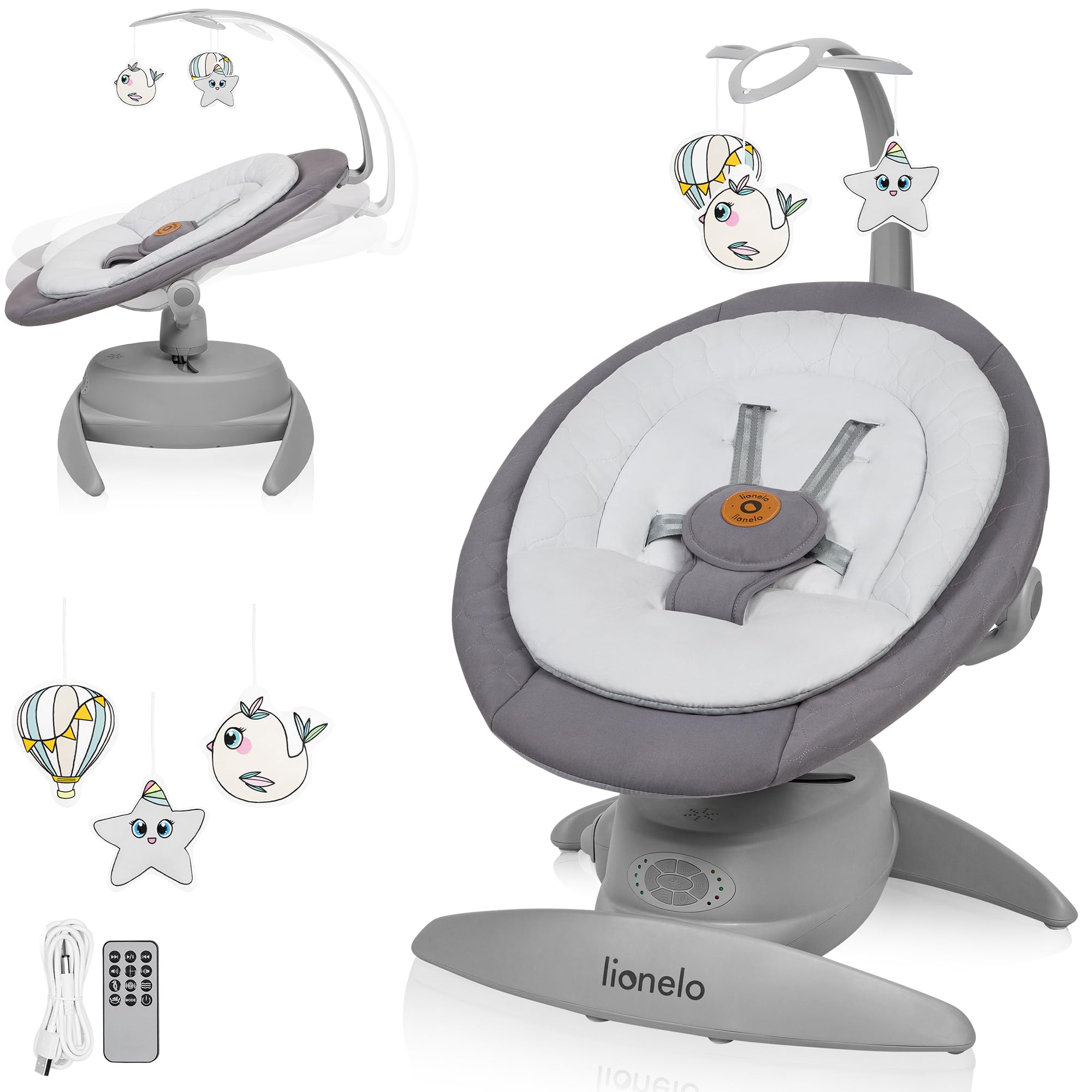 lionelo MELL Mecedora para Bebés 360° Ajustable con 5 Velocidades, Seguridad con Arnés 5 Puntos, 12 Melodías, Bluetooth, Hamaca Ergonómica con Almohada de Bambú, Silla Silenciosa y Lavable (Grey)