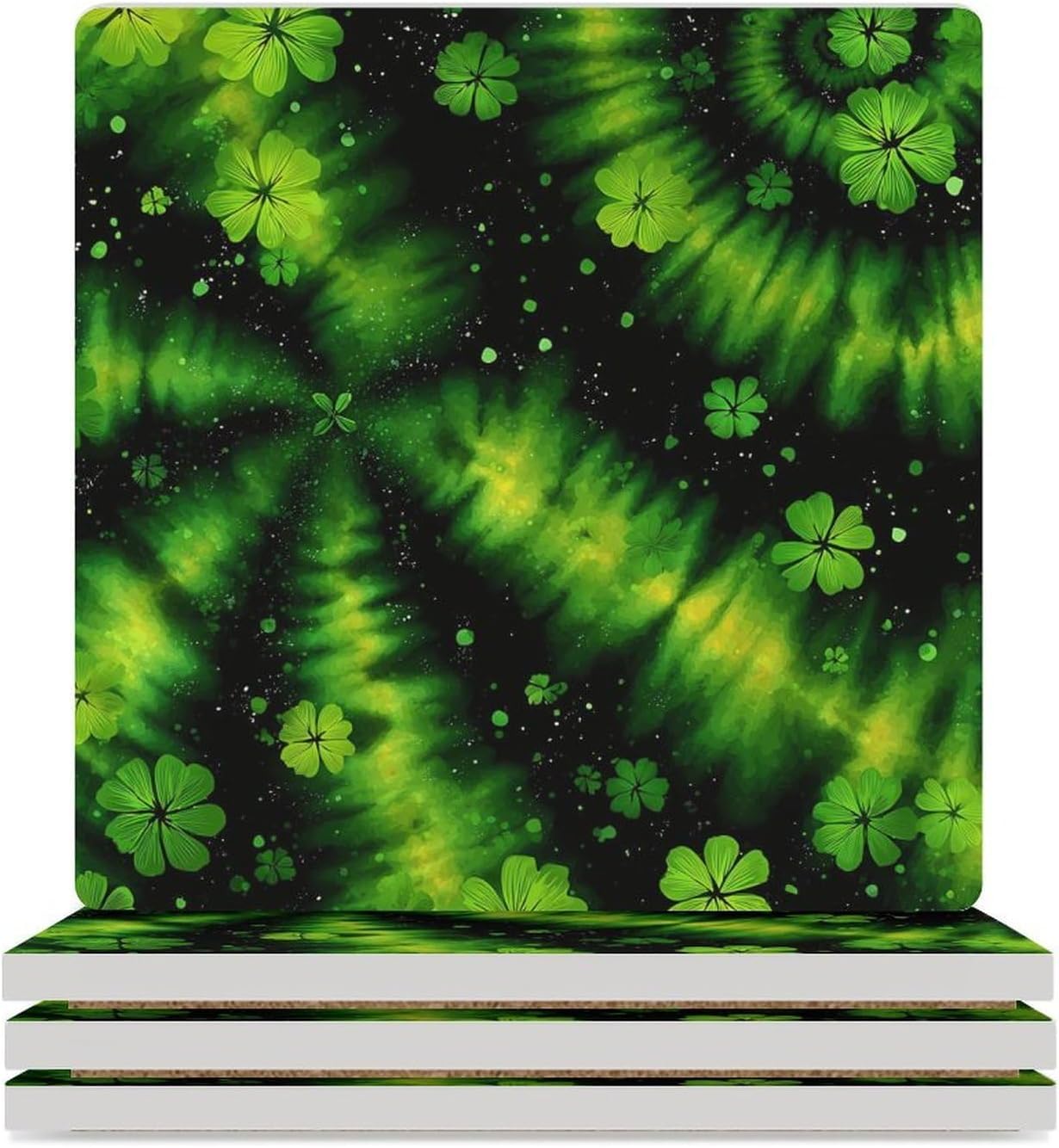 Tie Dye Clover Ceramic Coasters Set Square Drink Coasters Table Coaster for Kitchen Desktop Decor