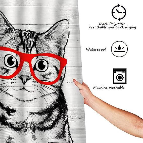 Black Cat Shower Curtain Funny Rustic Farmhouse Cute Pet Animal Kitty Shower Curtains for Bathroom Bathtub Bath Curtain Waterproof Polyester Fabric with 12 Plastic Hooks 72x72 Inches