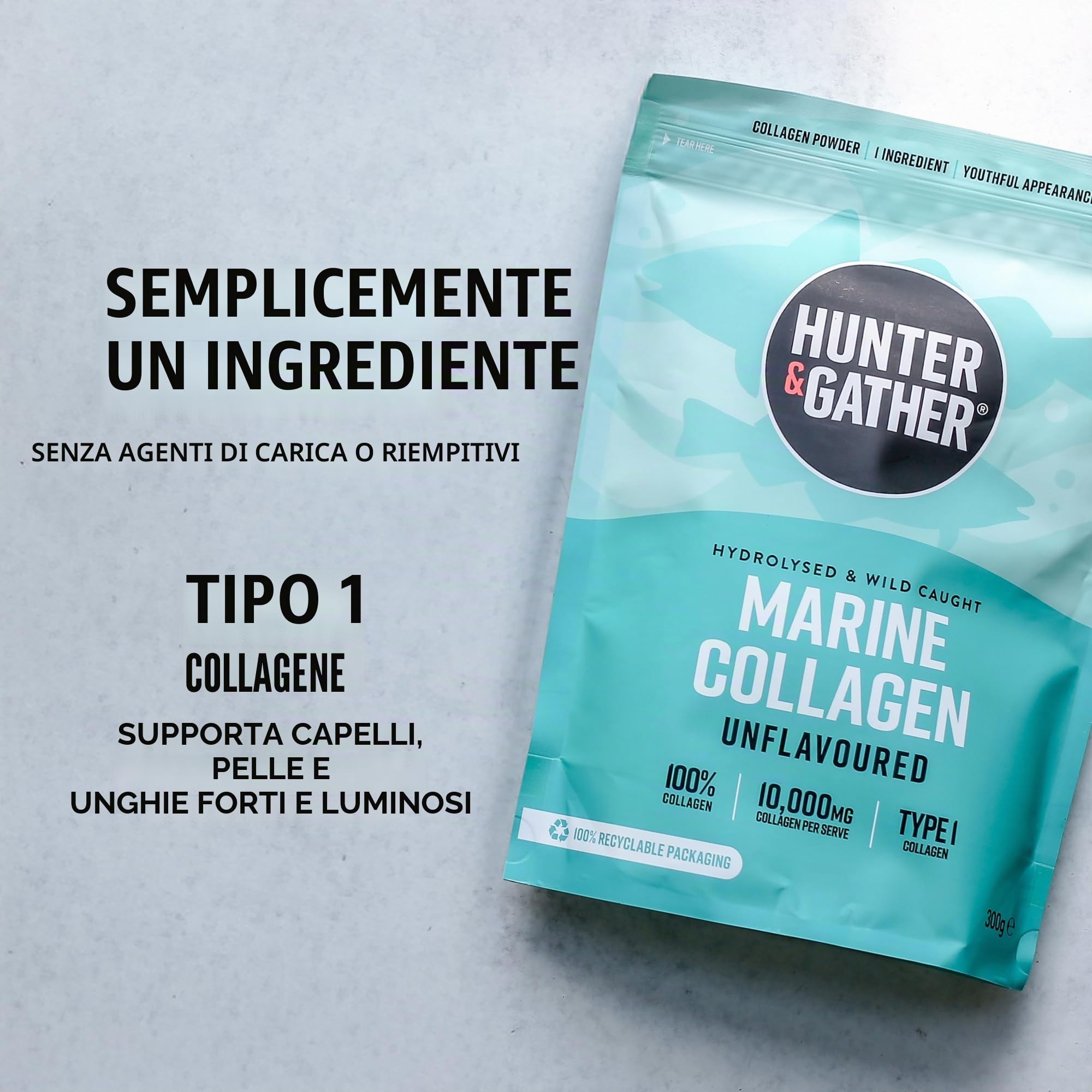 Hunter & Gather Collagene Marino 300g – Collagene idrolizzato in polvere di alta qualità insapore | Per Capelli, Pelle, Unghie e Muscoli | Sacchetto Riciclabile