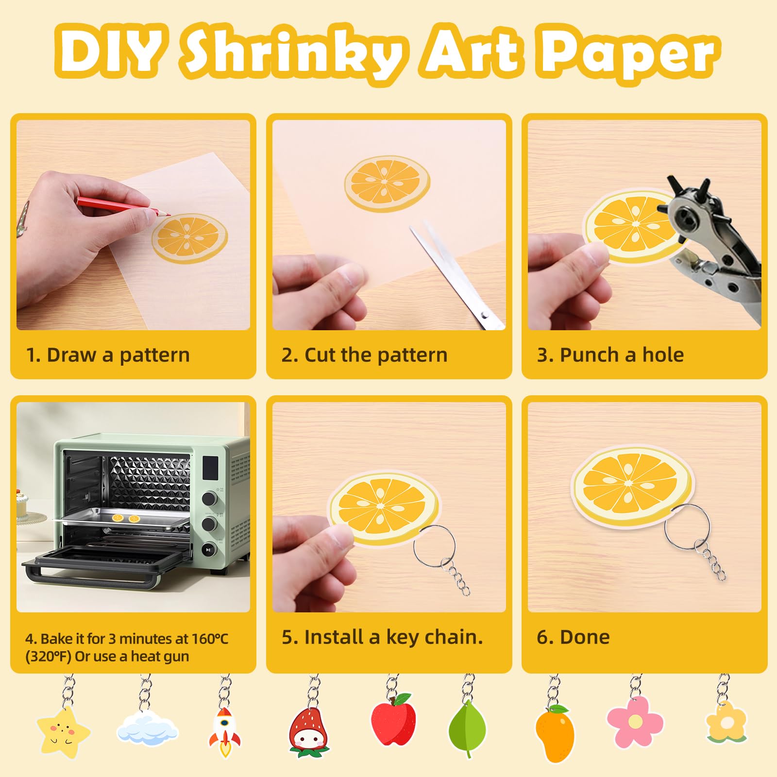 232Pcs Heat Shrink Plastic Sheet Set, 20Pcs Shrinky Art Paper, Creative Shrink Film, Shrinkable Hand Making Sheet with 100 Key Chain 100 Open Ring 12 Coloured Pencil, Shrinkies for Pendant Craft Kids - Image 4