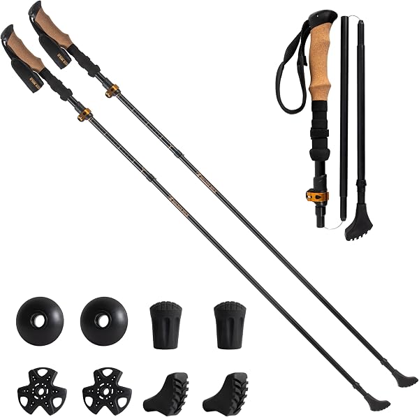 Lot de 2 bâtons de randonnée Pliables 115-135 cm, Aluminium 7075, poignée Longue EVA liège, Pointes carbure, Embouts et Sac Inclus - 1