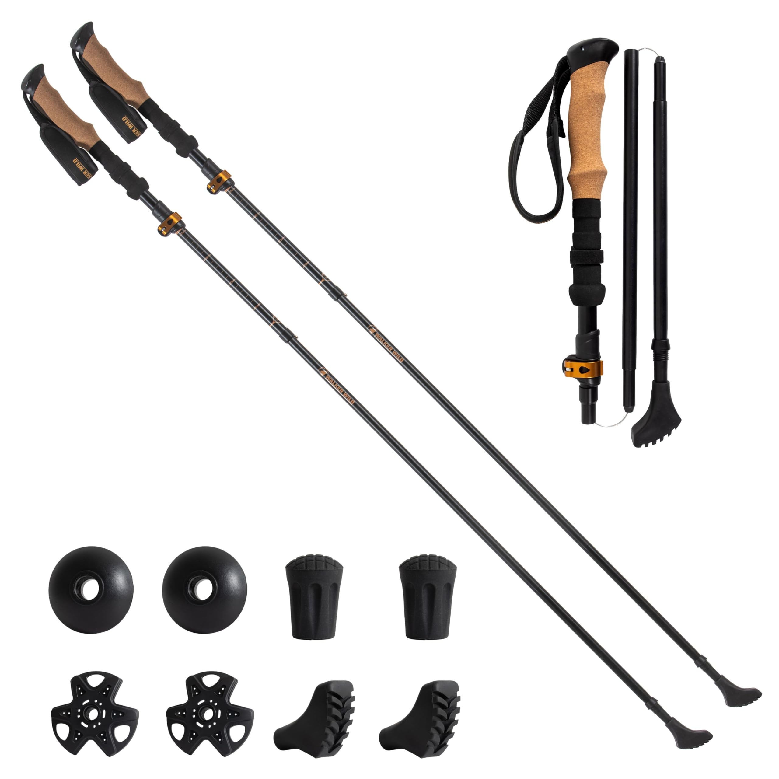 Lot de 2 bâtons de randonnée Pliables 115-135 cm, Aluminium 7075, poignée Longue EVA liège, Pointes carbure, Embouts et Sac Inclus