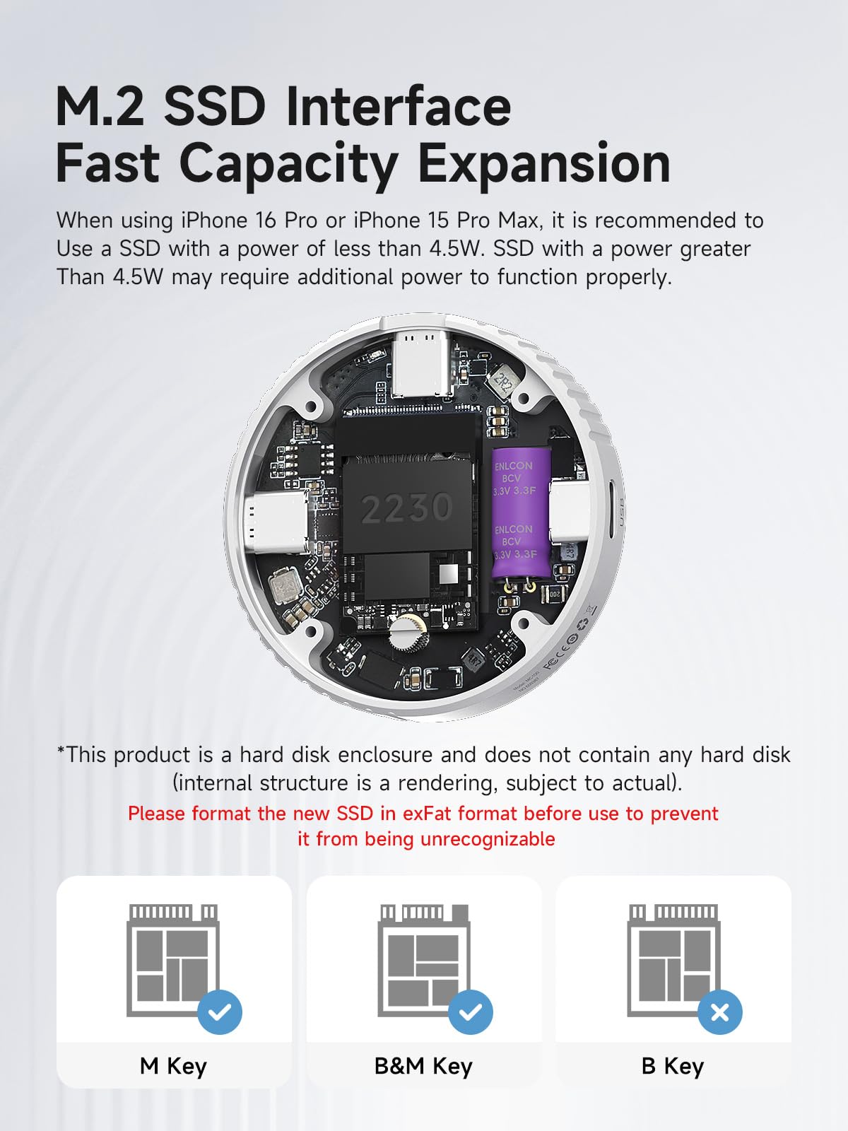 Hagibis Custodia magnetica M.2 2230 NVMe SSD con Magsafe per iPhone 16 15 Pro Max ProRes, adattatore da USB C a NVMe da 10 Gbps, PD da 100 W, porta USB C, custodia SSD esterna per MacBook, iPad Pro