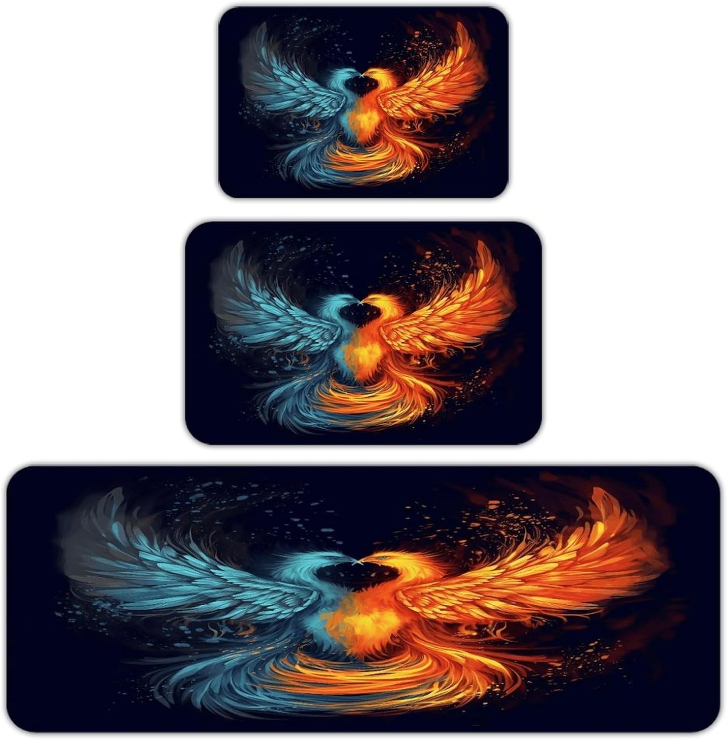 Fire and Water Phoenix Kitchen Rugs Sets of 3 Non Slip Kitchen Mat for Floor Comfort Standing Rug and Mats Thick Cushioned Long Area Carpets for Laundry Room Entryway