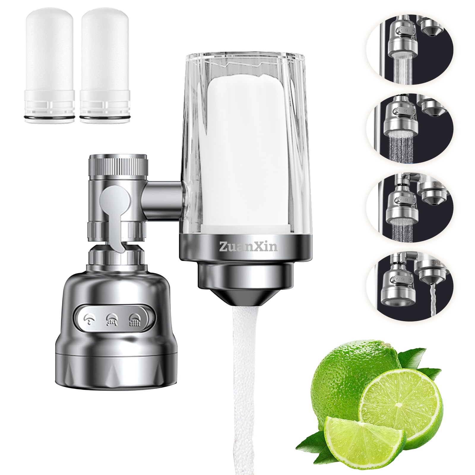 Water Filter for Sink Faucet, with 360 Rotating Sink Water Faucet Filter, Water Purifier for Kitchen Sink, 3 Months Long Lasting Tap Water Filter, Reduce Chlorine, 2 Filters